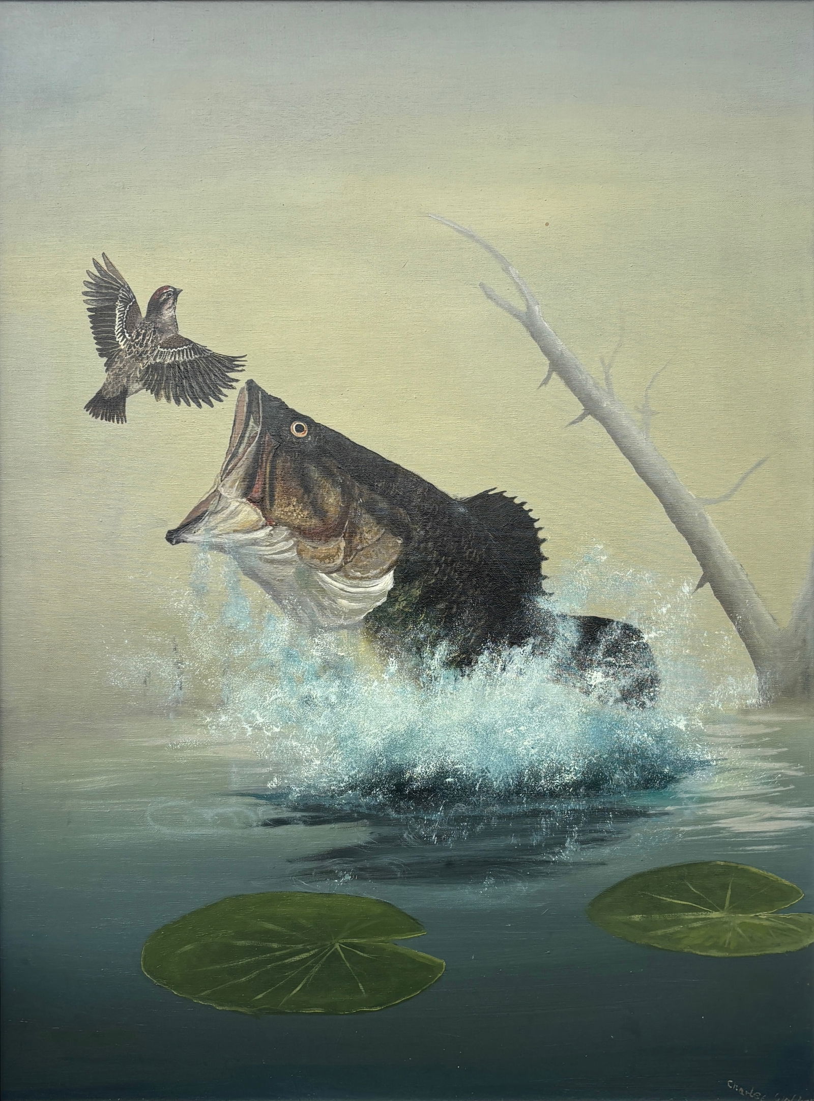 Charles Walker, Florida Highwaymen Painting “The Optimist" 40 x 30: Florida Highwaymen Painting Charles Walker Oil on Canvas Frame Dimensions: 44 x 34 inches Painting Dimensions: 40 x 30 inches This dramatic wildlife composition—known among collectors as “The Opti