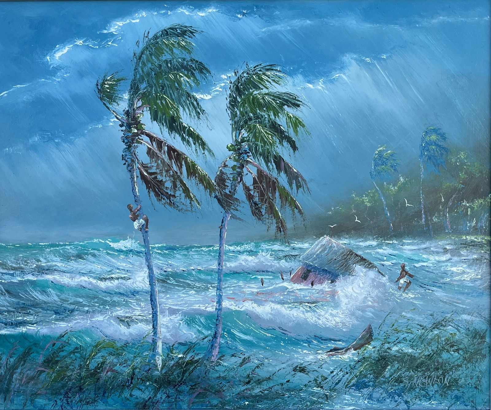 Sam Newton, Florida Highwaymen Painting “The Day the Sea Advanced" 24 x 20: Florida Highwaymen Painting Sam Newton Oil on Masonite Frame Dimensions: 27.5 x 23.5 inches Painting Dimensions: 24 x 20 inches This powerful hurricane scene stands among the most uncommon and visuall