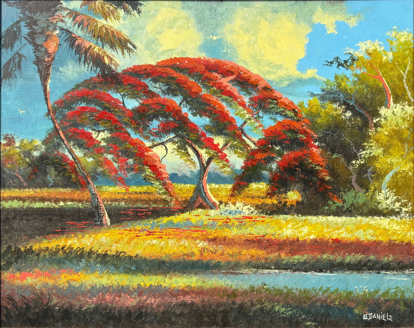 Willie Daniels, Florida Highwaymen Painting “Patiently Built in Red", 24 x 30: Florida Highwaymen Painting Willie Daniels Oil on Masonite Frame Dimensions: 29 x 35 inches Painting Dimensions: 24 x 30 inches This richly resolved royal poinciana landscape reflects patient, deliber