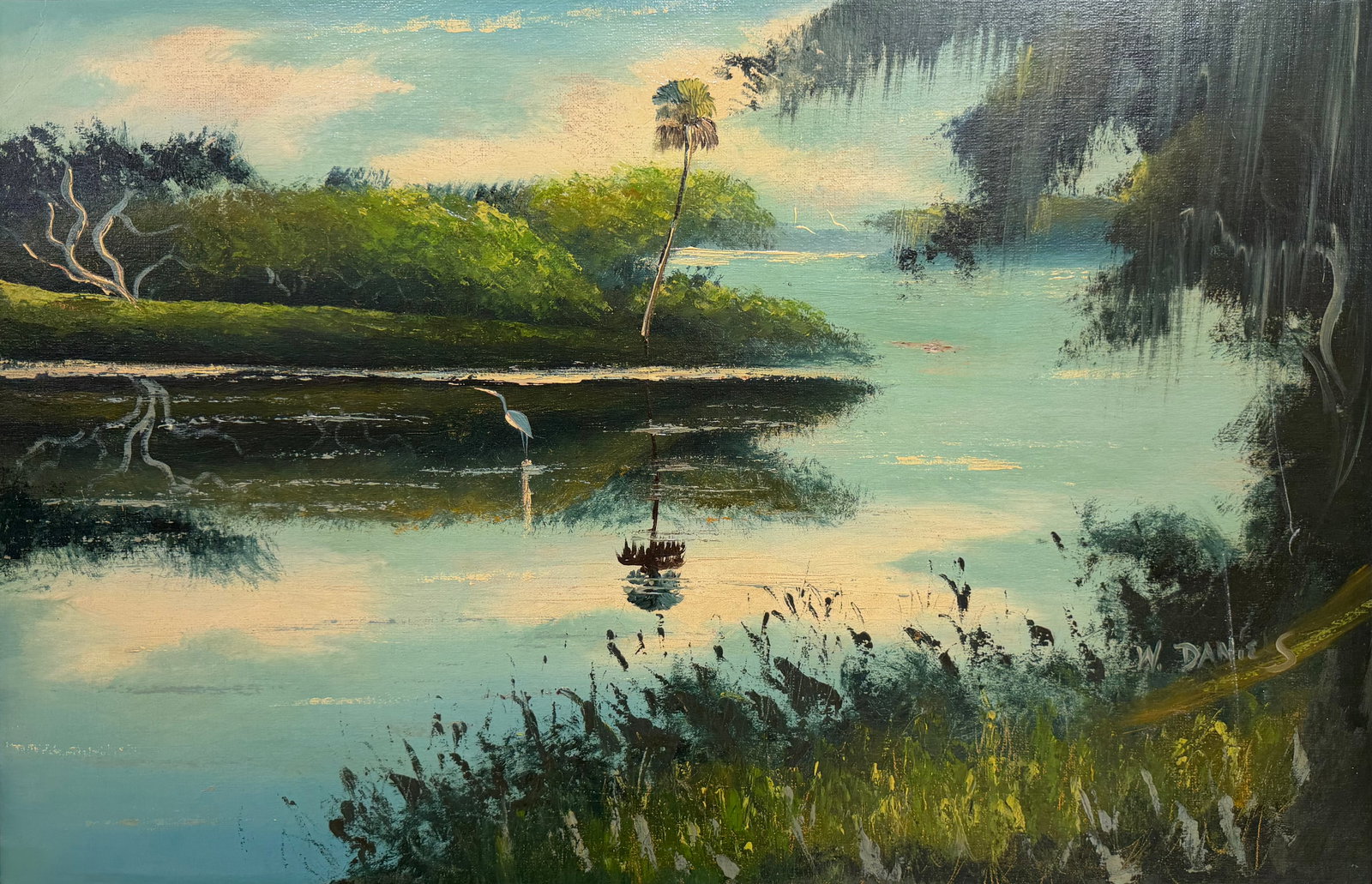 Willie Daniels, Florida Highwaymen Painting, 24 x 36, Early Palm at the Bend: Florida Highwaymen Painting ?Willie Daniels ?Oil on Upson Board ?Frame Dimensions 27 x 39 inches ?Painting Dimensions 24 x 36 inches An early and formative Willie Daniels, carrying the raw, developing