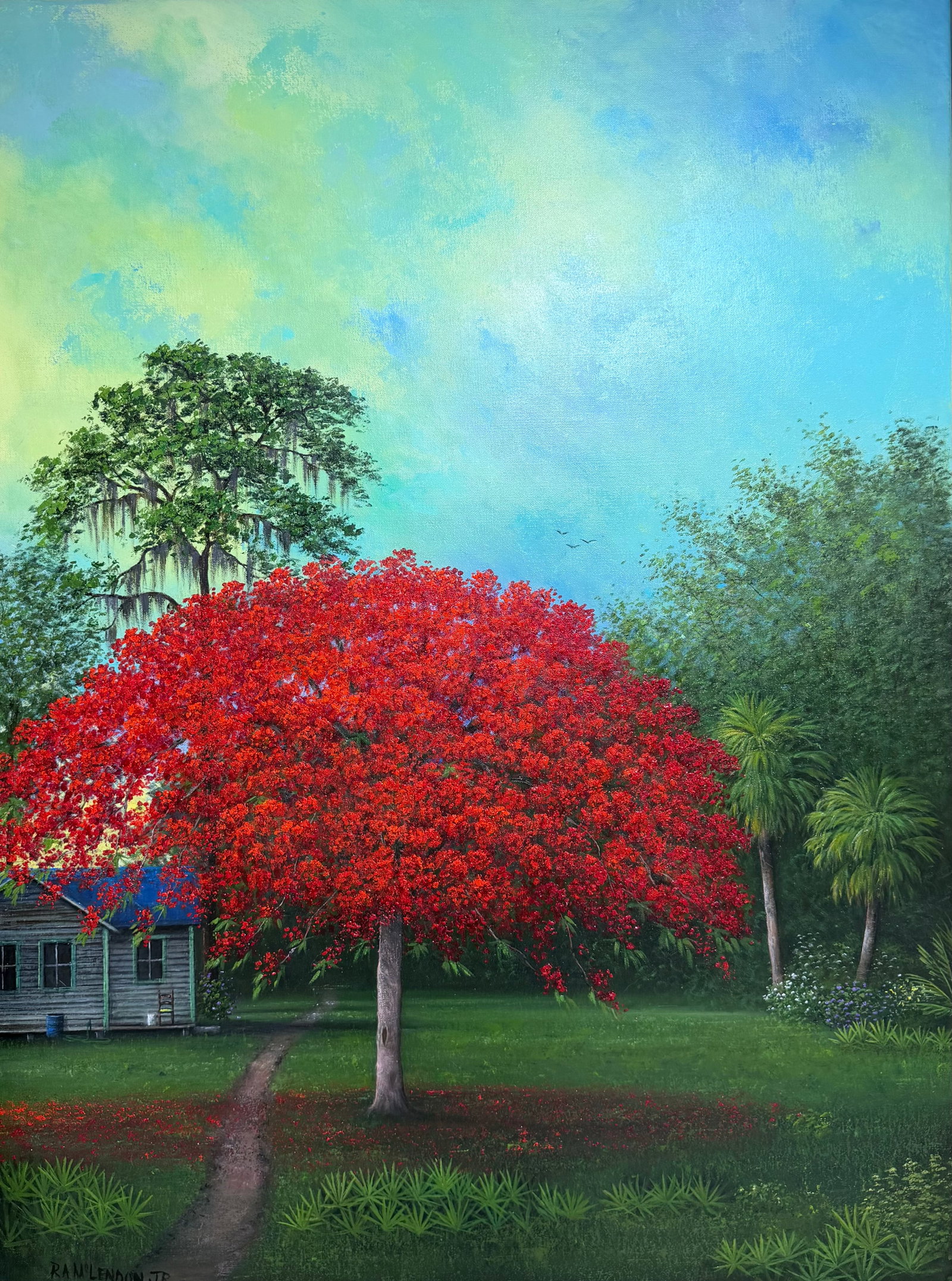 Roy McLendon Jr., 2nd Generation Florida Highwaymen Painting, 30 x 40, Fire Bloom and Front Porch (1 of 5)