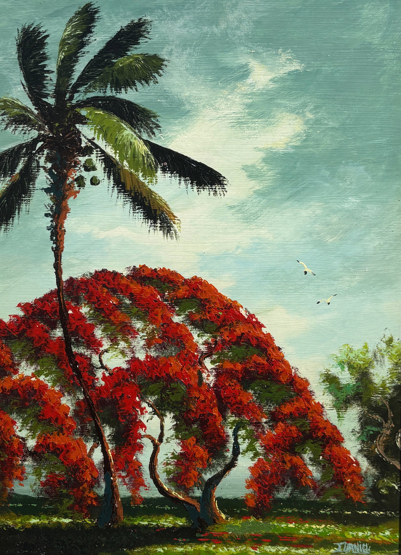 Johnny Daniels, Florida Highwaymen Painting, 24 x 18 — Falling Coconuts and Fire Red (1 of 5)