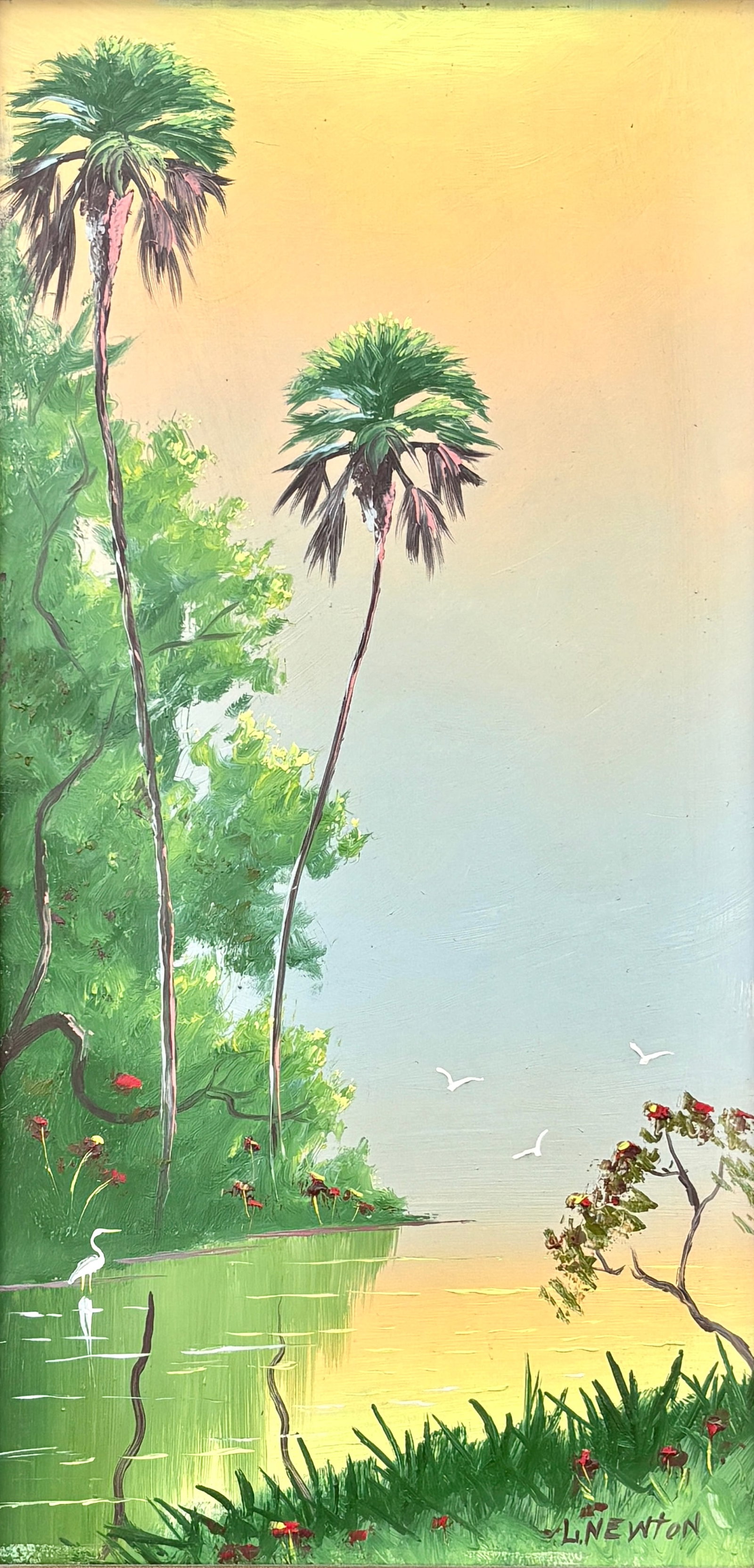 Lemuel Newton, Florida Highwaymen Painting, 24 x 12 — Two Palms please, Tall and Slender if ya got: Florida Highwaymen Painting ?Lemuel Newton ?Oil on Masonite ?Frame Dimensions 29 x 17 inches ?Painting Dimensions 24 x 12 inches This refined Lemuel Newton painting presents a quiet river scene define
