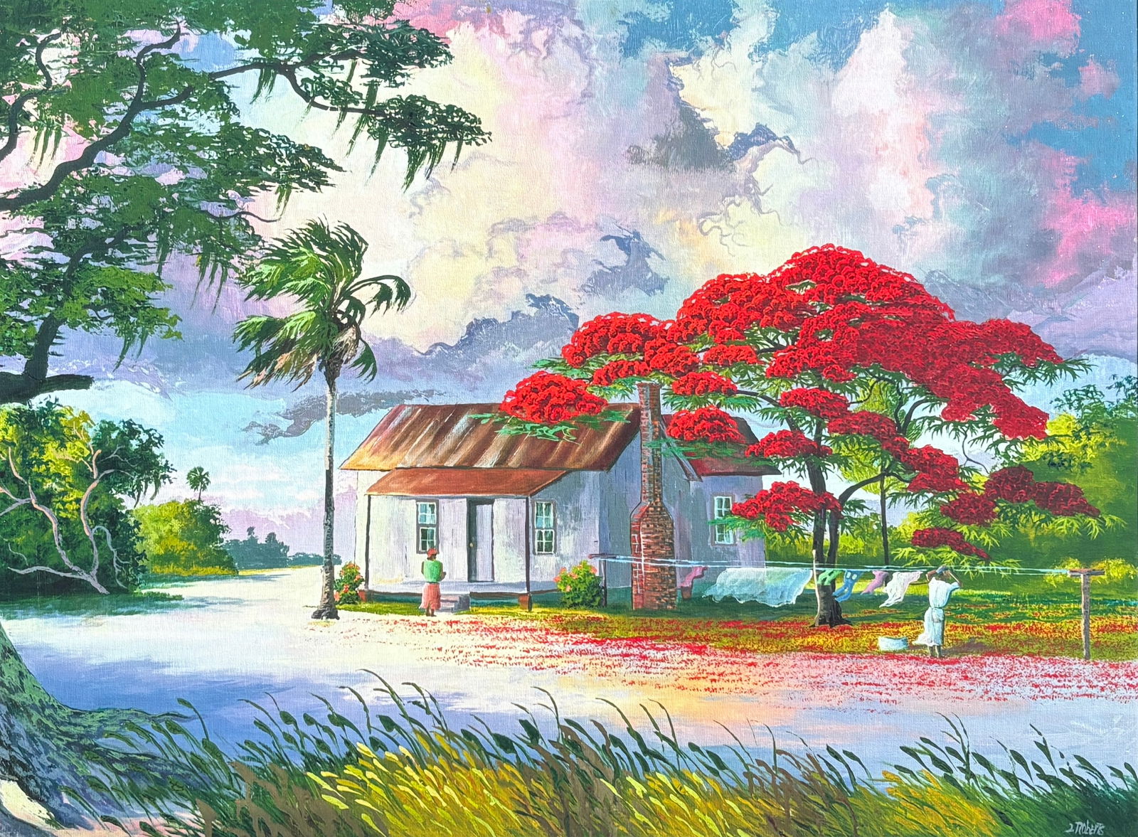 Livingston Roberts, GICLEE Florida Highwaymen PRINT, 18 X 24 — Washerwoman Beneath the Royal: Florida Highwaymen Print ?Livingston Roberts ?Giclée Print After the Original Painting ?Frame Dimensions 29 x 23 inches ?Image Dimensions 24 x 18 inches This giclée print reproduces one of Livingsto