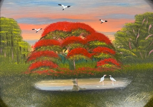 Al Black, Florida Highwaymen Painting, 18 x 24, Sunset Bloom and White Waders (1 of 5)