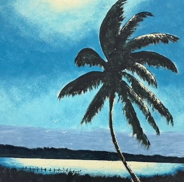 John Maynor, Florida Highwaymen Painting, 24 x 36 — Dark Palms, Blue Water: Florida Highwaymen Painting ?John Maynor ?Oil on Masonite ?Frame Dimensions Approximately 28 x 40 inches ?Painting Dimensions 24 x 36 inches This exceptionally strong John Maynor presents a moody and