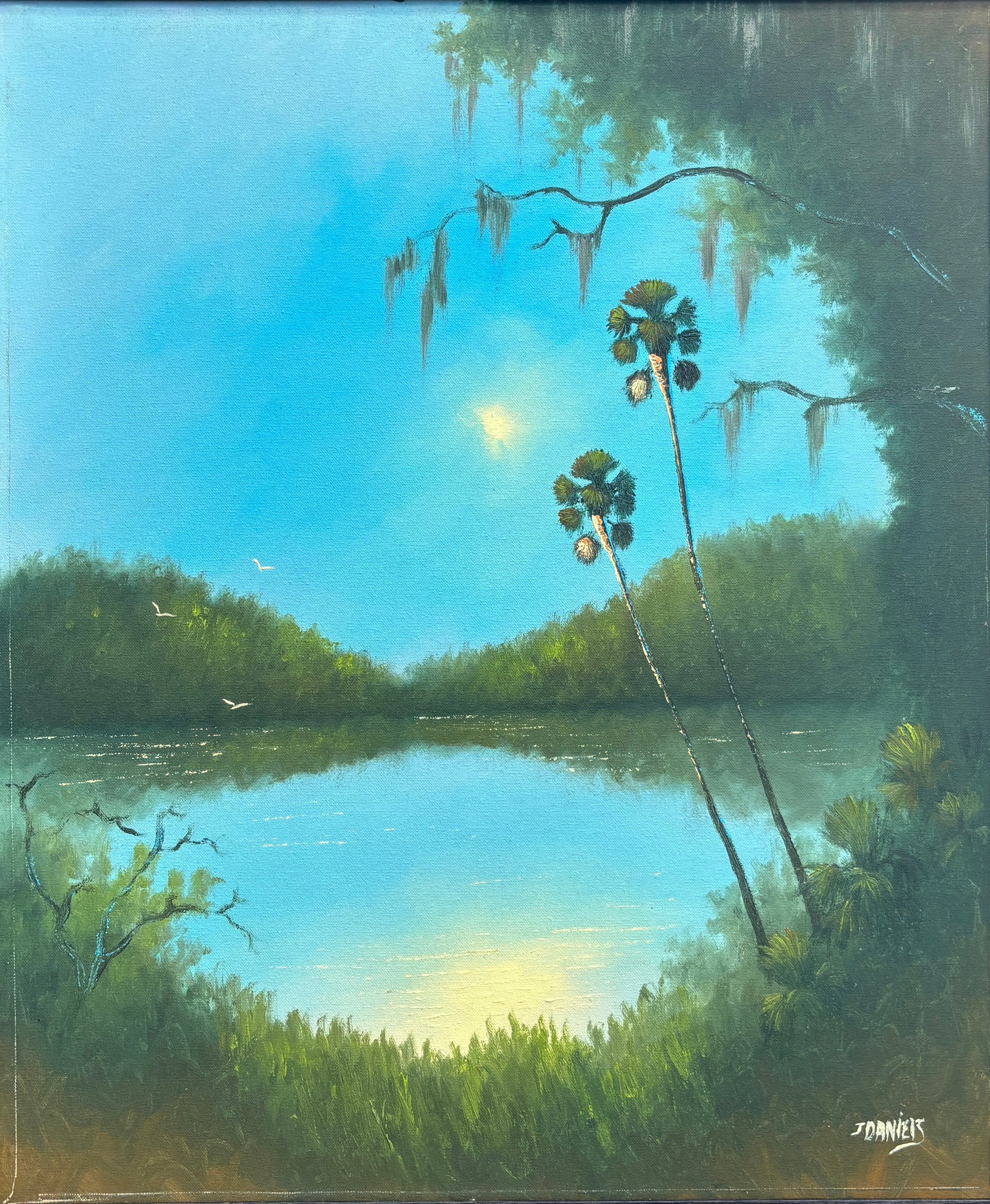 Johnny Daniels, Florida Highwaymen Painting, 20 x 24 — Blue Night, Tall Palms (1 of 5)