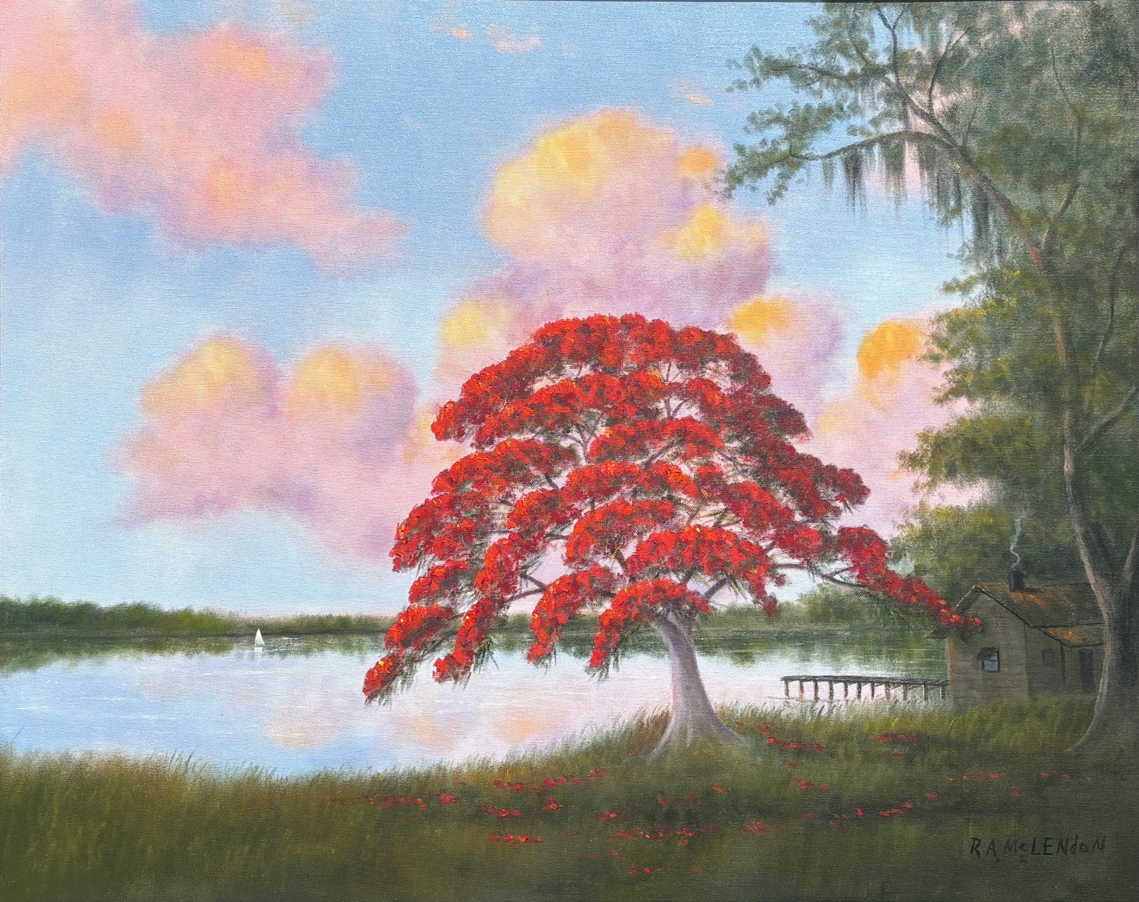 R.A. McLendon, Florida Highwaymen Painting, 24 x 30 — Red Tree, Quiet Living (1 of 5)