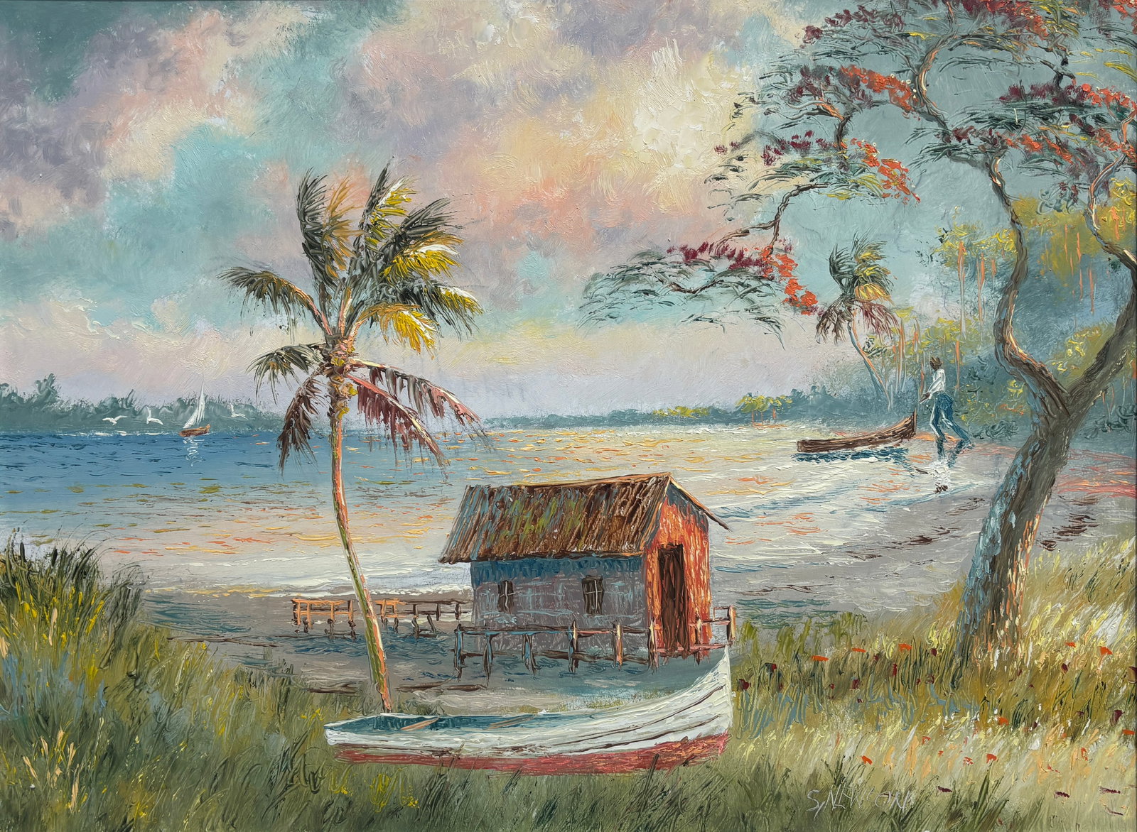 Sam Newton, Florida Highwaymen Painting, 18 x 24 — Work Along the Waterline (1 of 5)