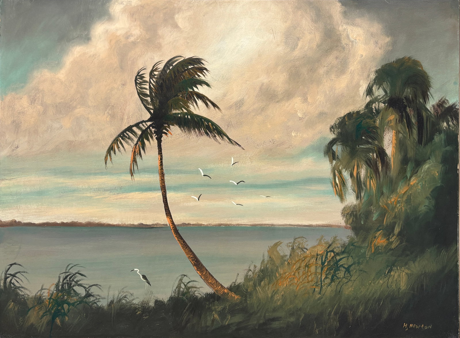 Harold Newton, Florida Highwaymen Painting, 36 x 48 — Billowed Sky. Leaning Palm (1 of 5)