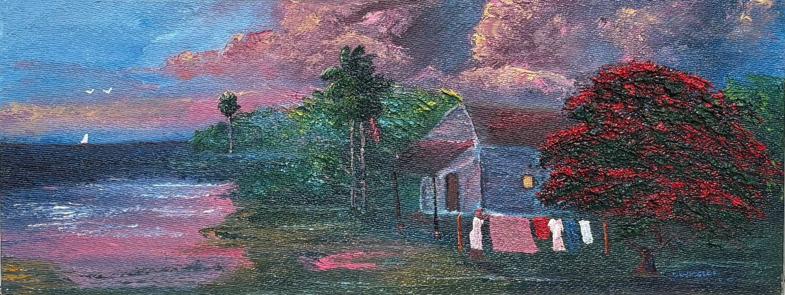 Chico Wheeler, Florida Highwaymen Painting, 8 x 20 — Life, In full Color: Florida Highwaymen Painting ?Chico Wheeler ?Oil on Masonite ?Frame Dimensions 12 x 24 inches ?Painting Dimensions 8 x 20 inches This one centers on the moment more than the scene. A washerwoman stands
