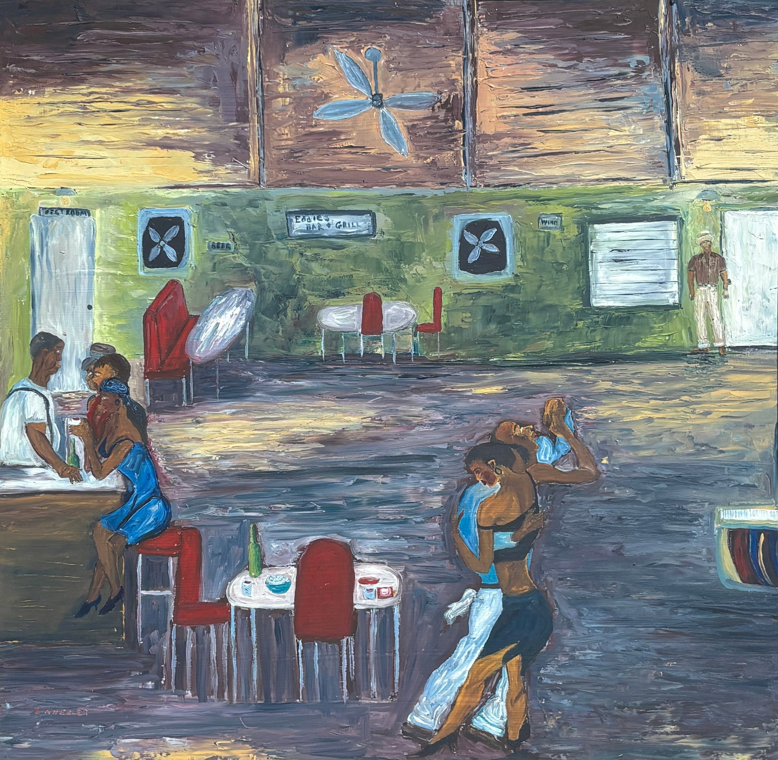 Chico Wheeler, Florida Highwaymen Painting, 24 x 24 — Inside Eddie’s, Before Midnight: Florida Highwaymen Painting ?Chico Wheeler ?Oil on Masonite ?Frame Dimensions: 26 x 26 inches ?Painting Dimensions: 24 x 24 inches ??The interior counterpart to a commissioned pair depicting Eddie’s