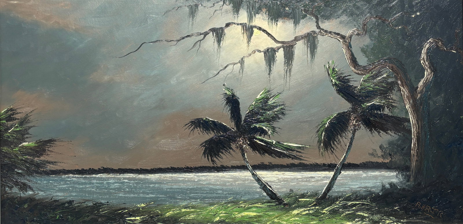Alfred Hair, Florida Highwaymen Painting, 24 x 47 — Full Regalia Hair at Night: Florida Highwaymen Painting Alfred Hair Oil on Early Upson Board Frame Dimensions 28 x 51 inches Painting Dimensions 24 x 47 inches This is the one you build the sale around. A full night scene with H