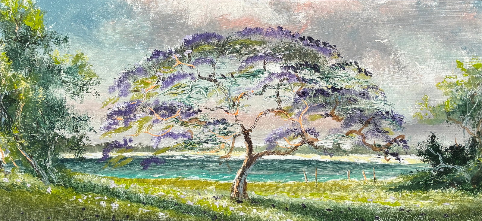 Sam Newton, Florida Highwaymen Painting, 12 x 24 — Purple All the Way Across: Florida Highwaymen Painting ?Sam Newton ?Oil on Masonite ?Frame Dimensions 15 x 27 inches ?Painting Dimensions 12 x 24 inches This one spreads out and holds it. A jacaranda set right at the river’s