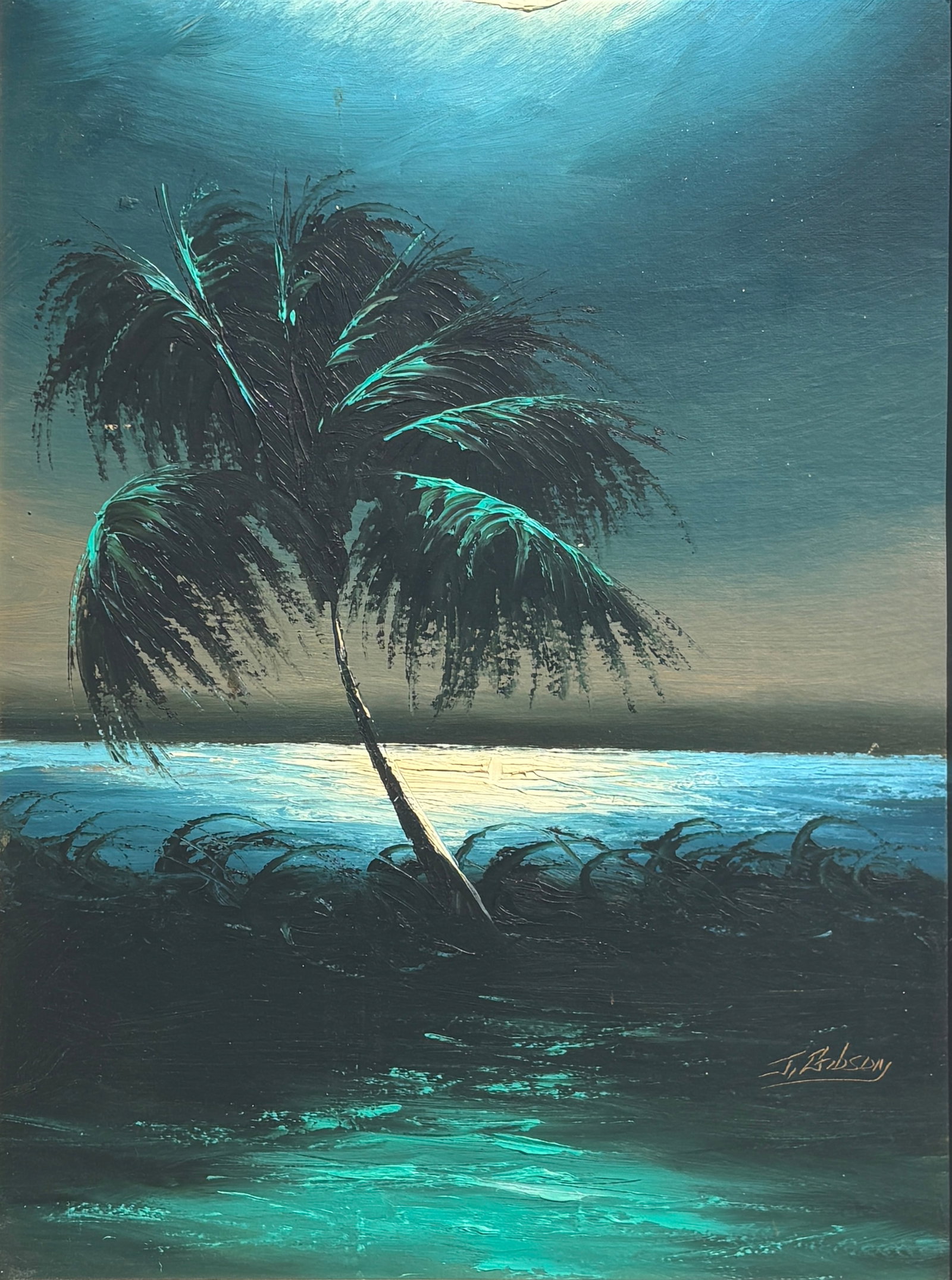 James Gibson, Florida Highwaymen Painting, 18 x 24 — The Water Glows Back: Florida Highwaymen Painting James Gibson Oil on Upson Board Frame Dimensions 27 x 21 inches Painting Dimensions 18 x 24 inches This one holds the light and sends it back. A classic Gibson night scene