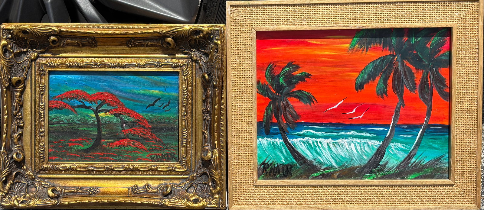 Roderick Hair, Florida Highwaymen Legacy Paintings, 5 x 10 and 8 x 10 — Two Hair Apparitions in: Roderick Hair, Florida Highwaymen Legacy Paintings, approximately 5 x 10 and 8 x 10?Masonite?Two Hair Apparitions in Miniature A highly entertaining and unusually vibrant pair of small-format