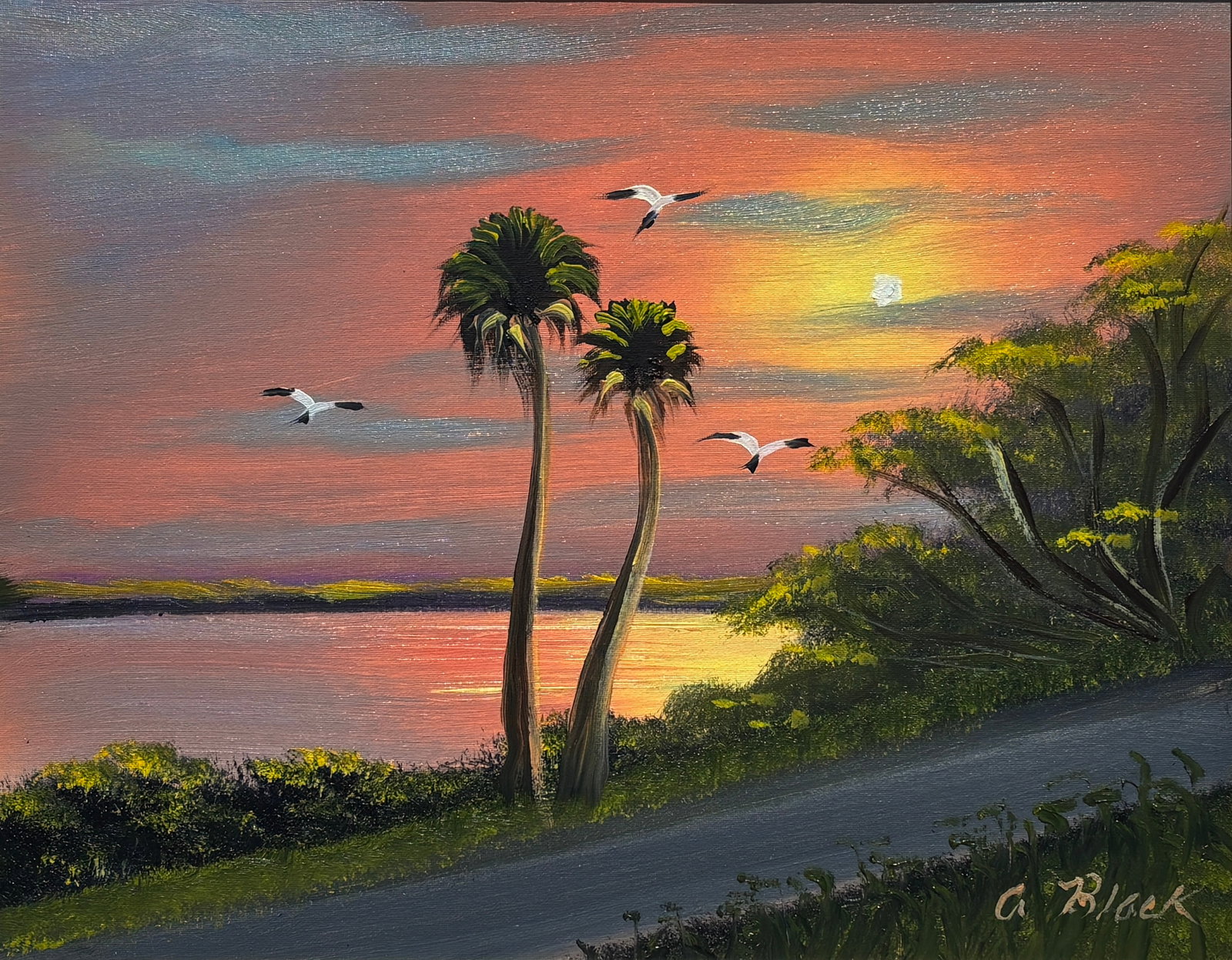 Al Black, Florida Highwaymen Painting, 12 x 20 — Screeching Tires Through the Dream State: Al Black, Florida Highwaymen Painting, 12 x 20?Framed: 17 x 25?Canvas Board?Screeching Tires Through the Dream State A colorful and very appealing earlier Al Black roadside river scene, this canvas bo