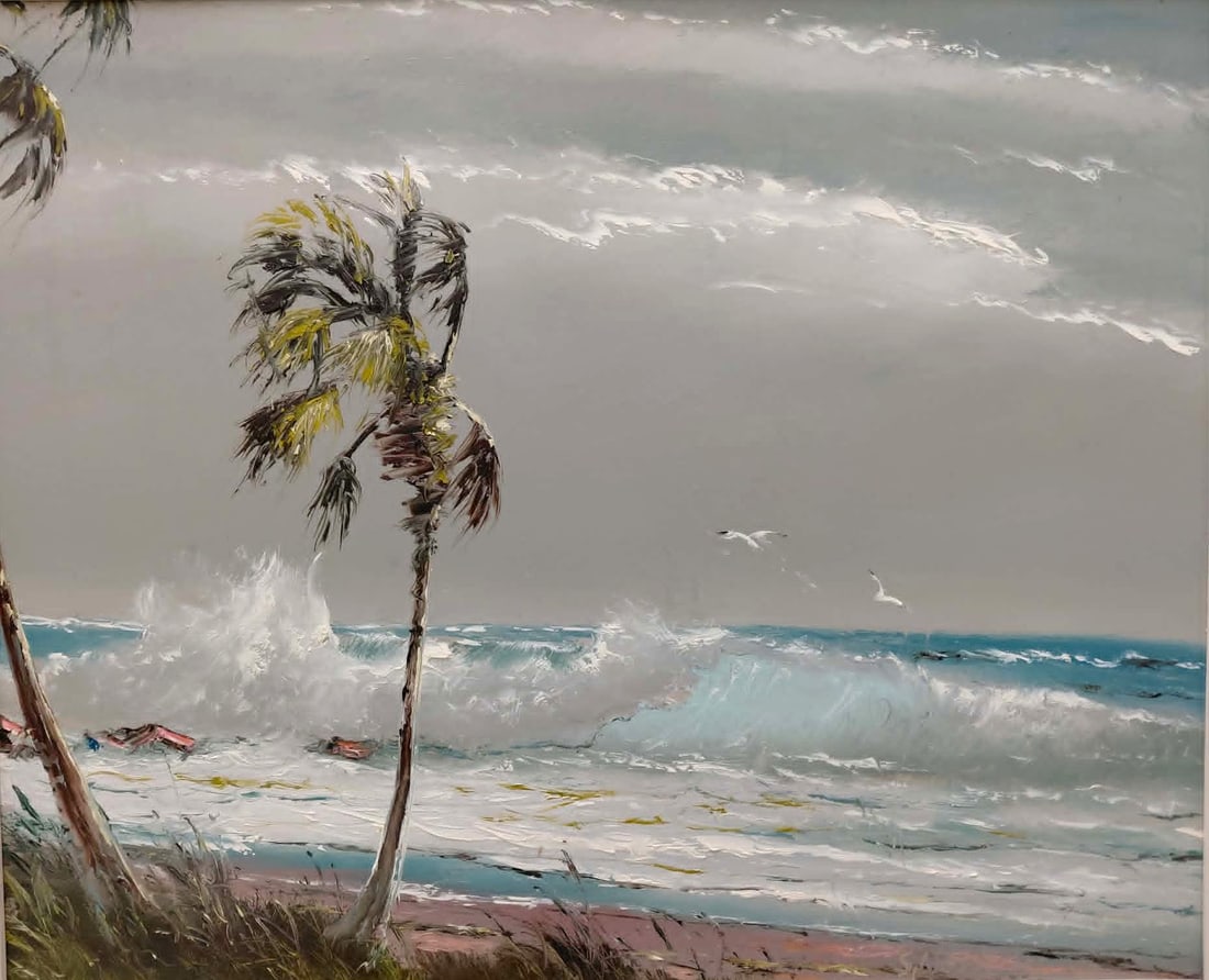 Sam Newton Highwaymen Painting 'Ocean Palm': Newton, Samuel (B.1948) Florida Highwaymen. Oil painting on Masonite 20" x 24" 'Ocean Palm'. 23 1/2" x 27 1/2" with the frame. Signed lower right. Excellent condition.