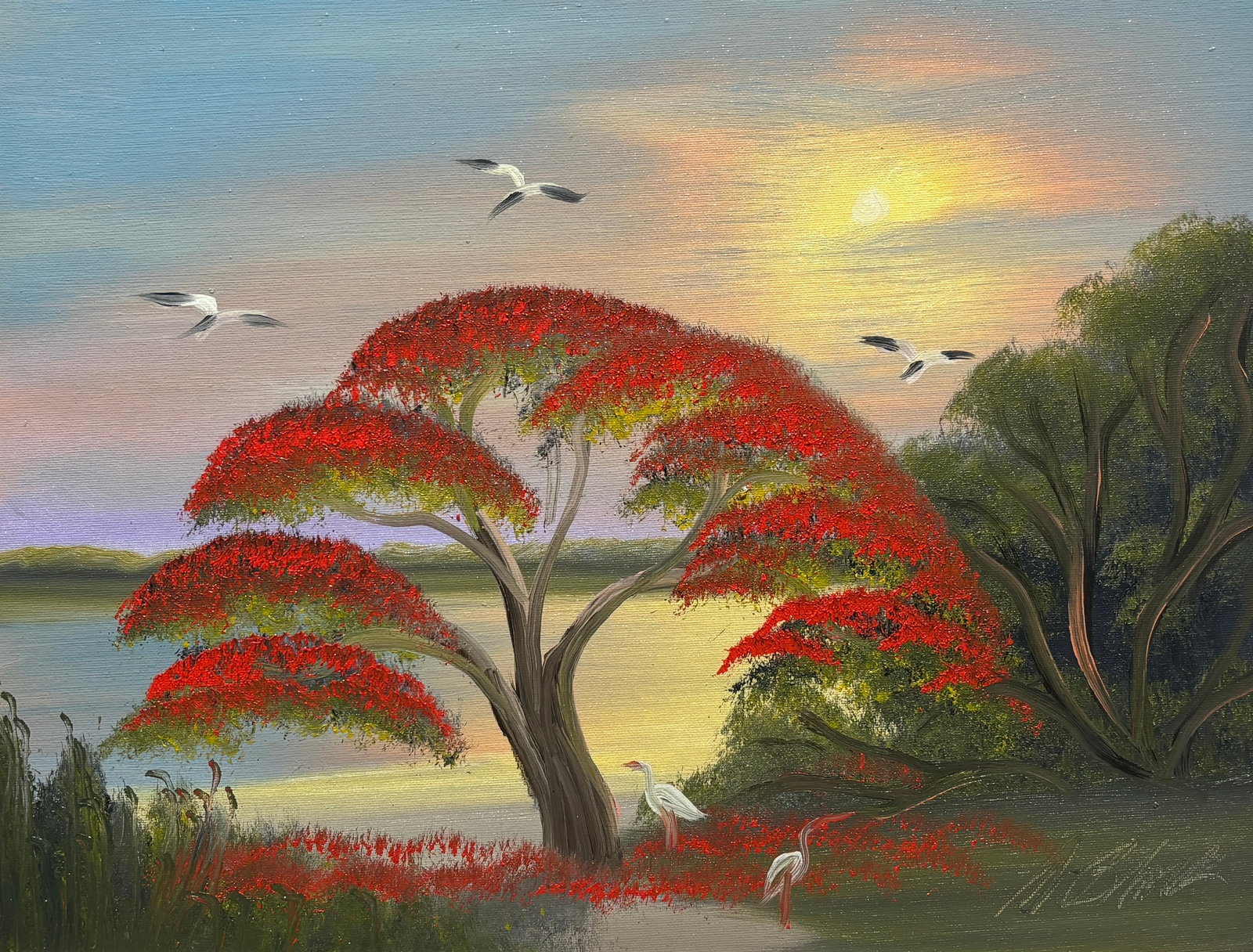 Al Black, Florida Highwaymen Painting, 16 x 20 — Scarlet Canopy and Mild Avian Confusion: Al Black, Florida Highwaymen Painting, 16 x 20?Framed: 19 x 23?Canvas Board?Scarlet Canopy and Mild Avian Confusion A wonderfully playful later Al Black poinciana scene, this colorful canvas board com