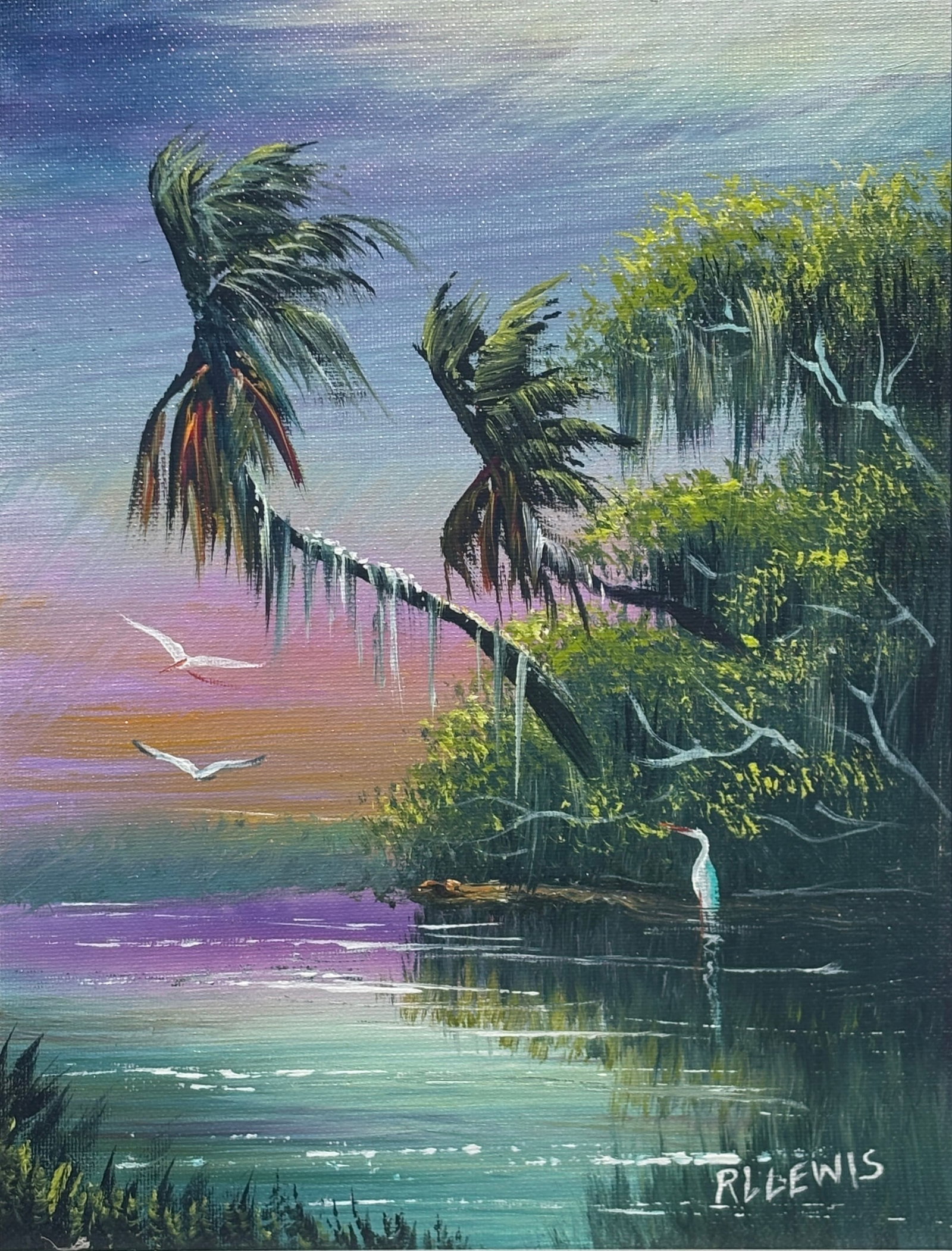 R.L. Lewis, Florida Highwaymen Painting, 12 x 9 — Moss and Neon Along the Shoreline (1 of 5)