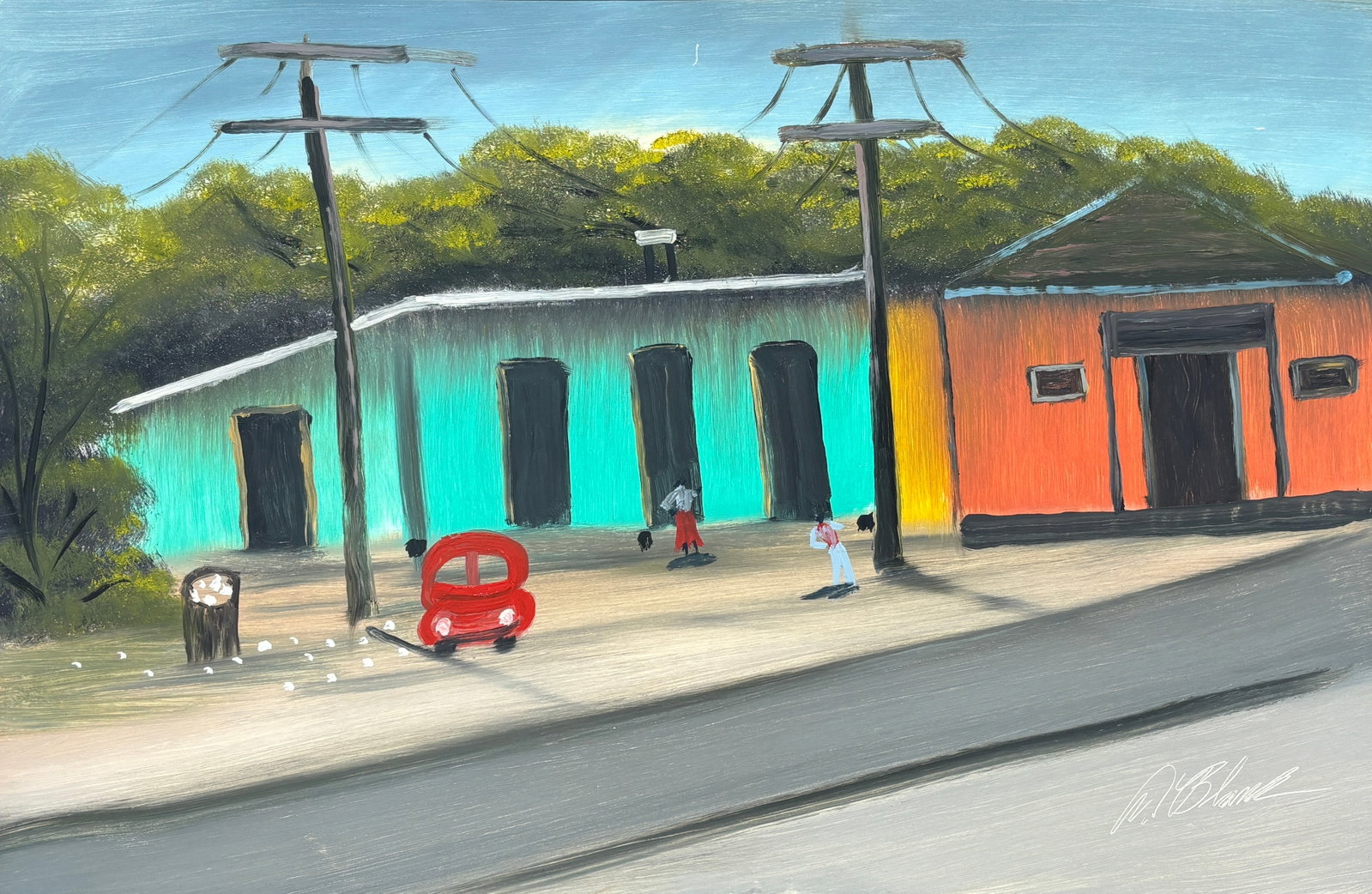 Al Black, Florida Highwaymen Painting, 24 x 36 — Eddie’s Place, Midday Drift: Al Black, Florida Highwaymen Painting, 24 x 36?Framed: 29 x 41?Masonite?Eddie’s Midday Drift A vivid and highly characteristic Al Black rendering of Eddie’s Place, one of the most culturally