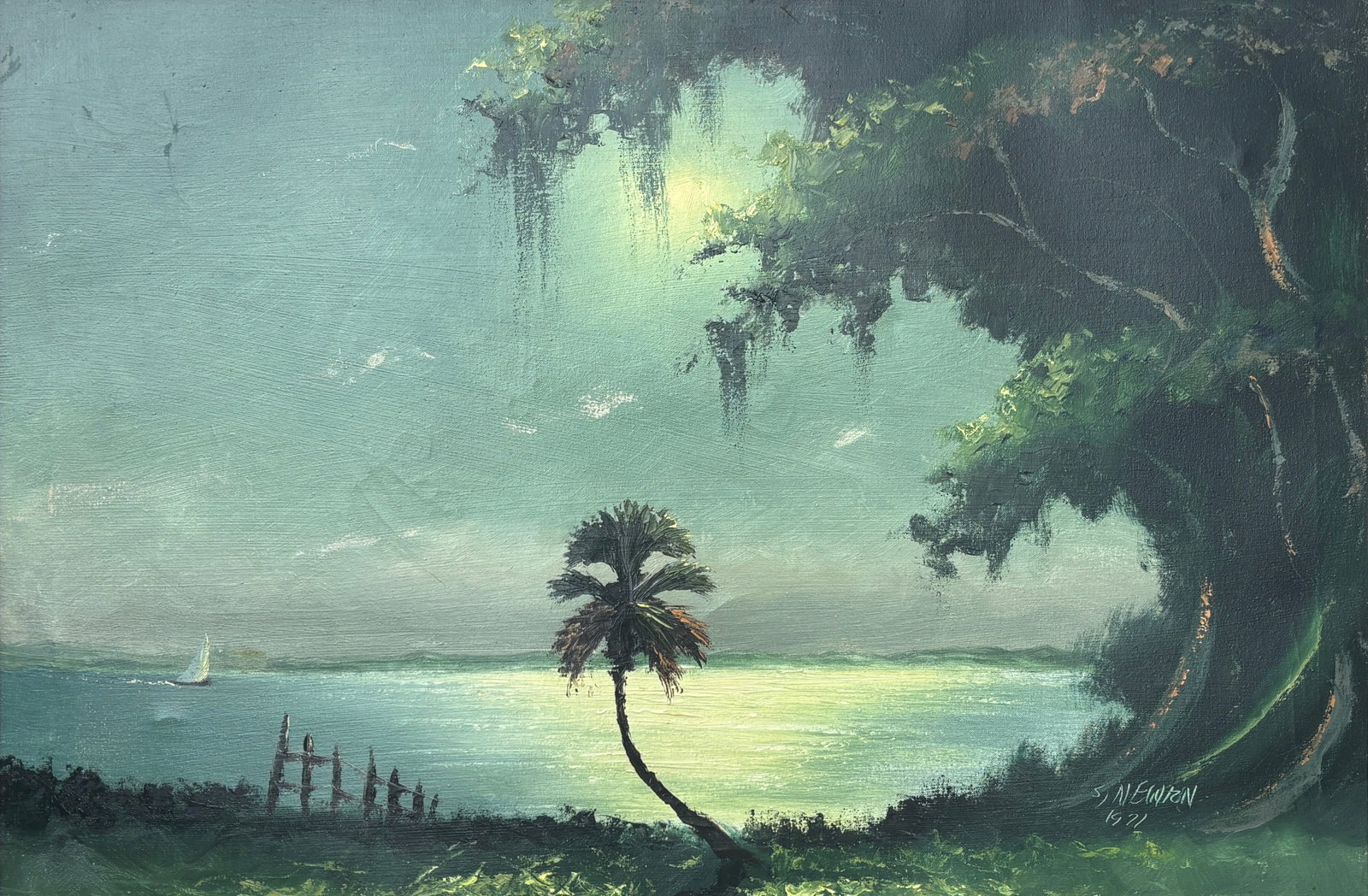 Sam Newton, Florida Highwaymen Painting, 24 x 36 — Sable Palm and Sail, Moss and Glow: Sam Newton, Florida Highwaymen Painting, 24 x 36?Framed: 30 x 42?Canvas?Sable Palm and Sail, Moss and Glow An exceptionally uncommon early Sam Newton canvas painting signed and dated 1971, this atmosp