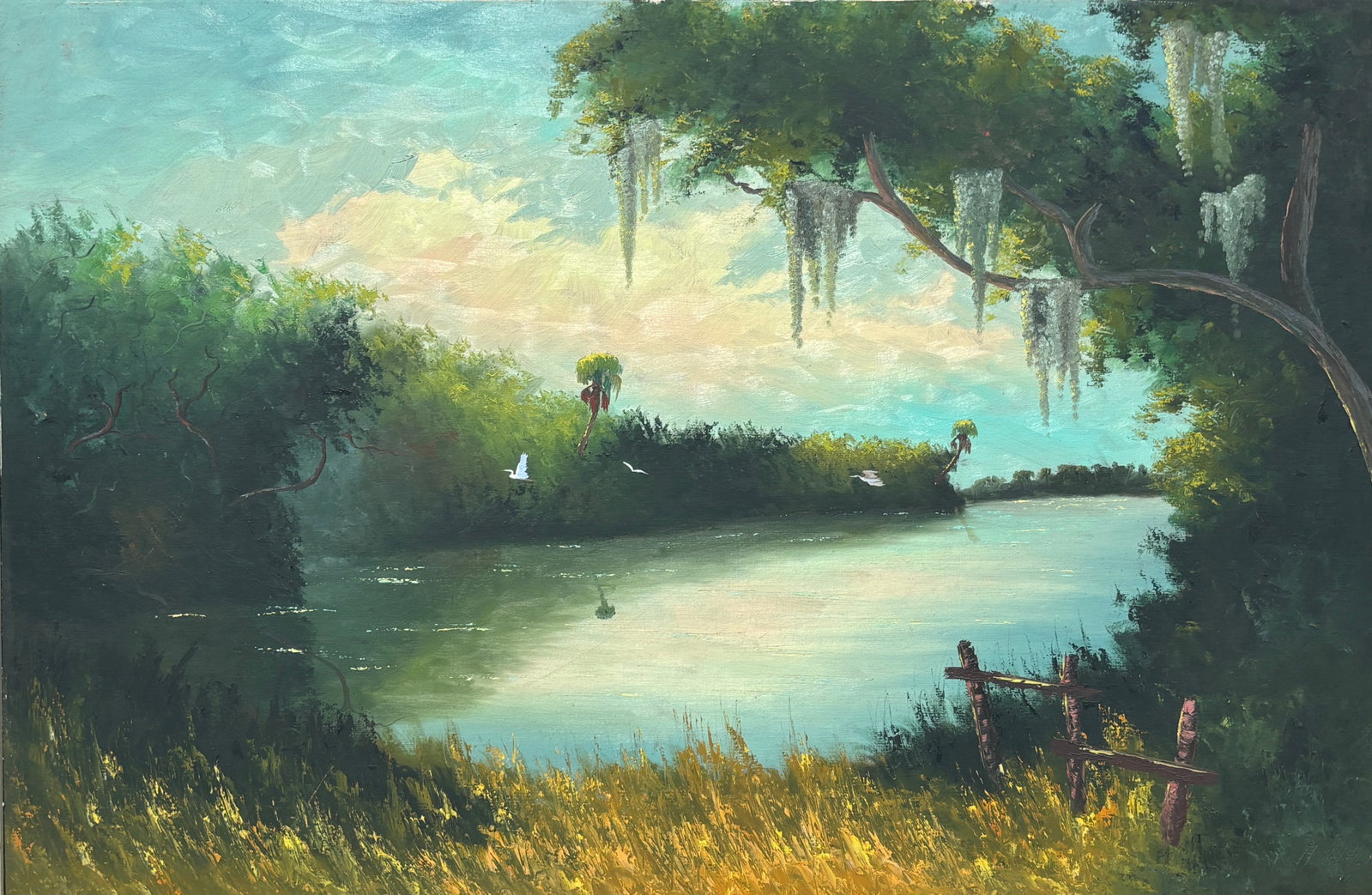 Hezekiah Baker,Signrd A Black, Florida Highwaymen Painting, 24 x 36 — St. Lucie Backyard Under: Hezekiah Baker, Florida Highwaymen Painting, 24 x 36?Framed: 28 x 40?Upson Board?St. Lucie Backyard Under Moss A particularly atmospheric St. Lucie River scene, this work is signed “Al Black” 
