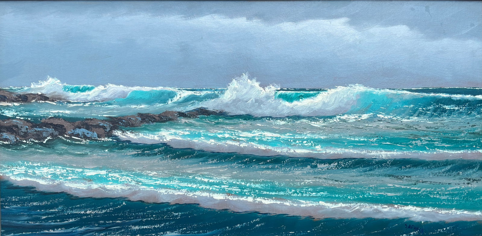 Sam Newton, Florida Highwaymen Painting, 24 x 48 — Breakwater Blues: Sam Newton, Florida Highwaymen Painting, 24 x 48?Framed: 30 x 54?Upson Board?Breakwater Blues A striking large-scale Sam Newton coastal scene, this beautifully worked Upson board seascape centers