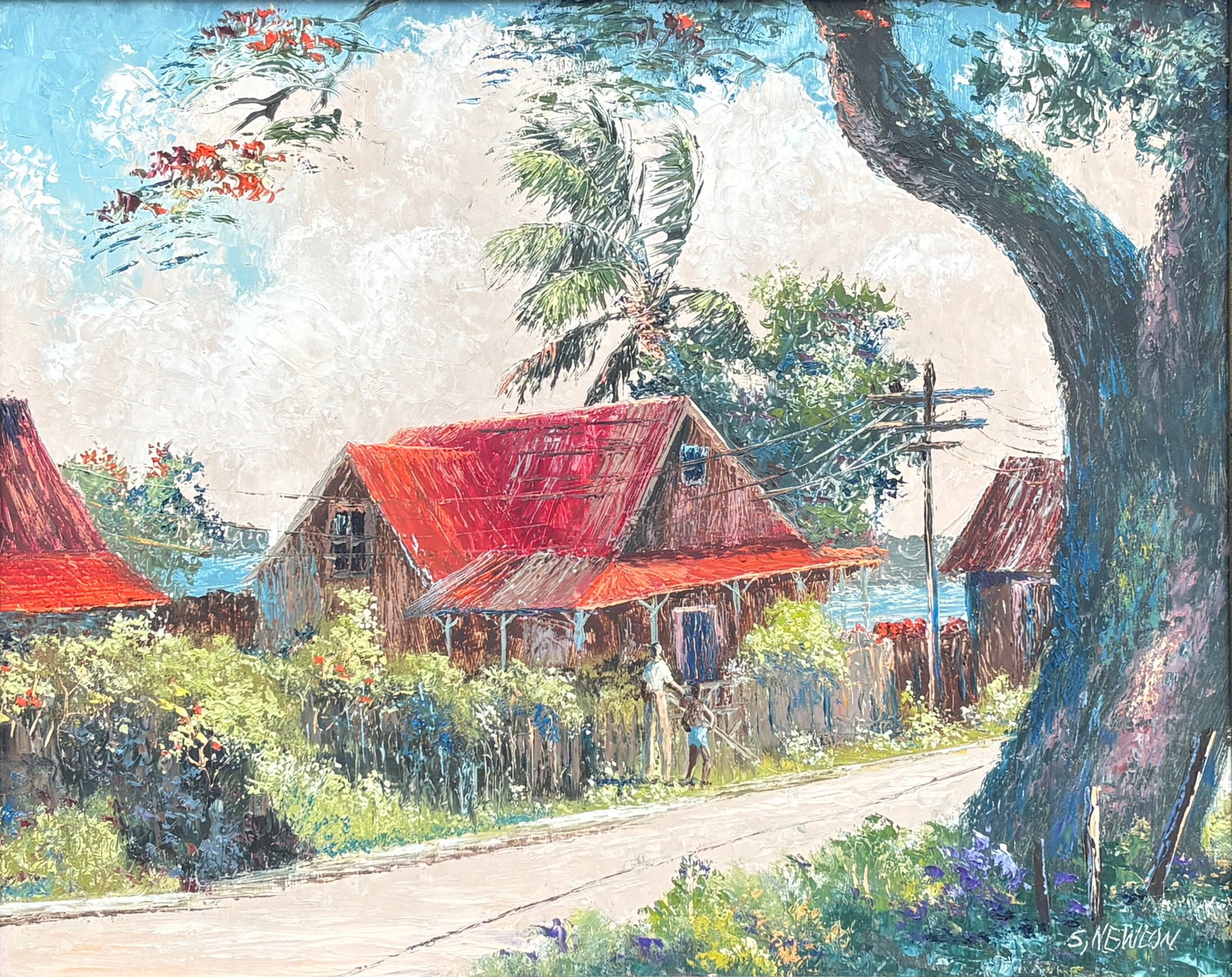 Sam Newton, Florida Highwaymen Painting, 16 x 20 — This Old Road: Sam Newton, Florida Highwaymen Painting, 16 x 20?Framed: 26 x 30?Masonite?This Old Road One of the standout Sam Newton paintings in the auction, this unusually detailed masonite street scene shows