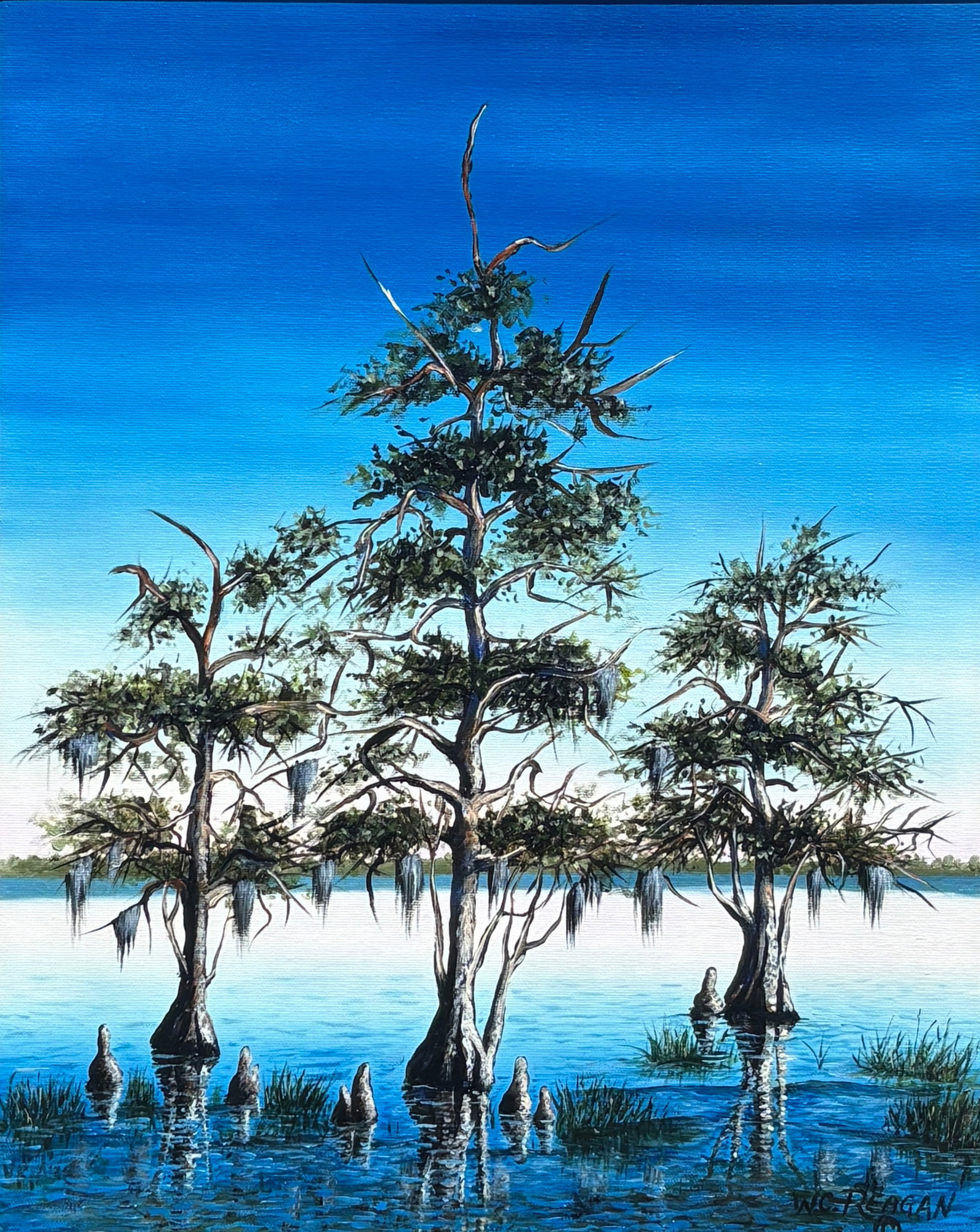 Willie Reagan, Florida Highwaymen Painting, 16 x 20 — The Water Around the Knees: Willie Reagan, Florida Highwaymen Painting, 16 x 20?Framed: 20 x 24?Canvas?The Water Around the Knees A particularly sharp and highly detailed Willie Reagan swamp scene, this striking canvas compositi