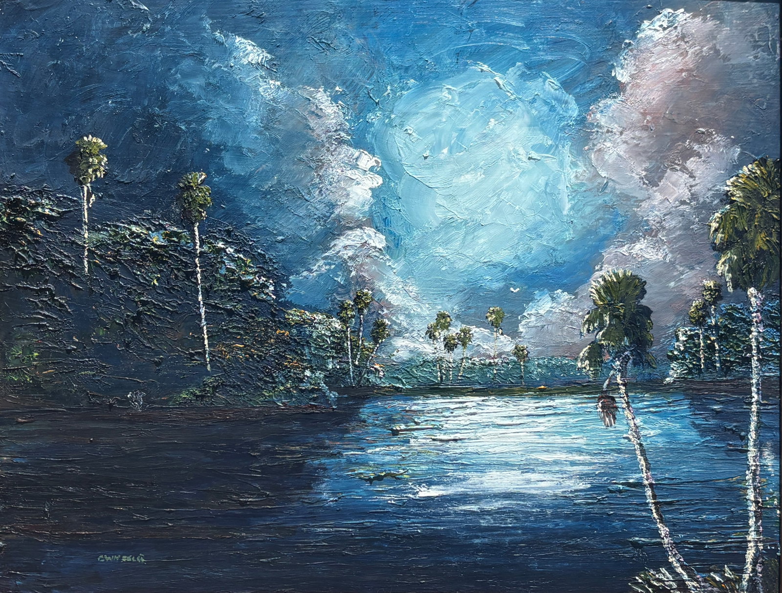 Chico Wheeler, Florida Highwaymen Painting, 16 x 20 — Dream Logic and Atmospheric Sleep Science: Chico Wheeler, Florida Highwaymen Painting, 16 x 20?Framed: 18 x 22?Canvas?Dream Logic and Atmospheric Sleep Science A mesmerizing Chico Wheeler nocturne built almost entirely through layered