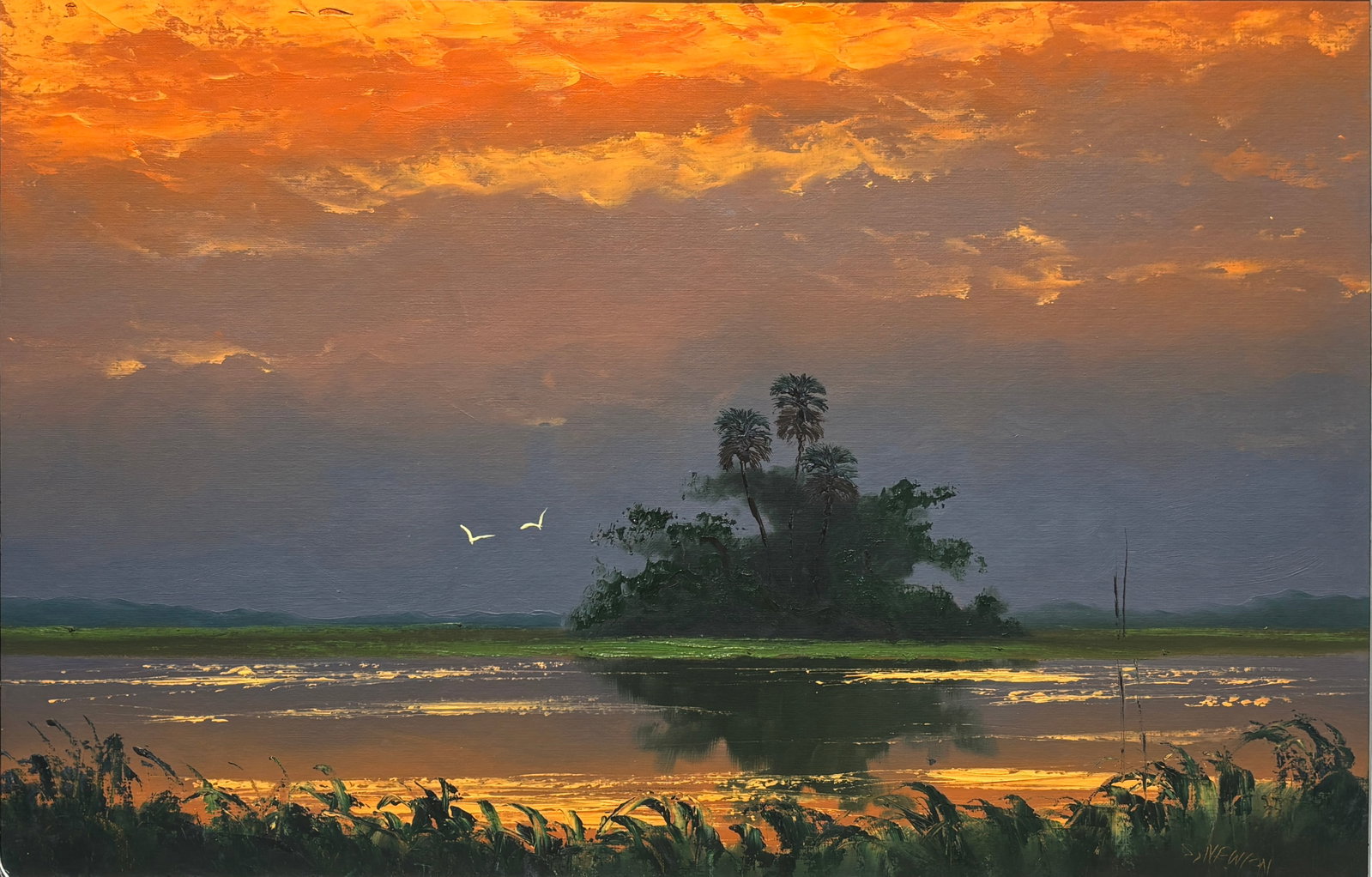 Sam Newton, Florida Highwaymen Painting, 24 x 36 — Orange Breaking Into Purple: Sam Newton, Florida Highwaymen Painting, 24 x 36?Framed: 28 x 40?Upson Board?Orange Breaking Into Purple One of the leading Sam Newton paintings in the auction, this dramatic Upson board crosswater
