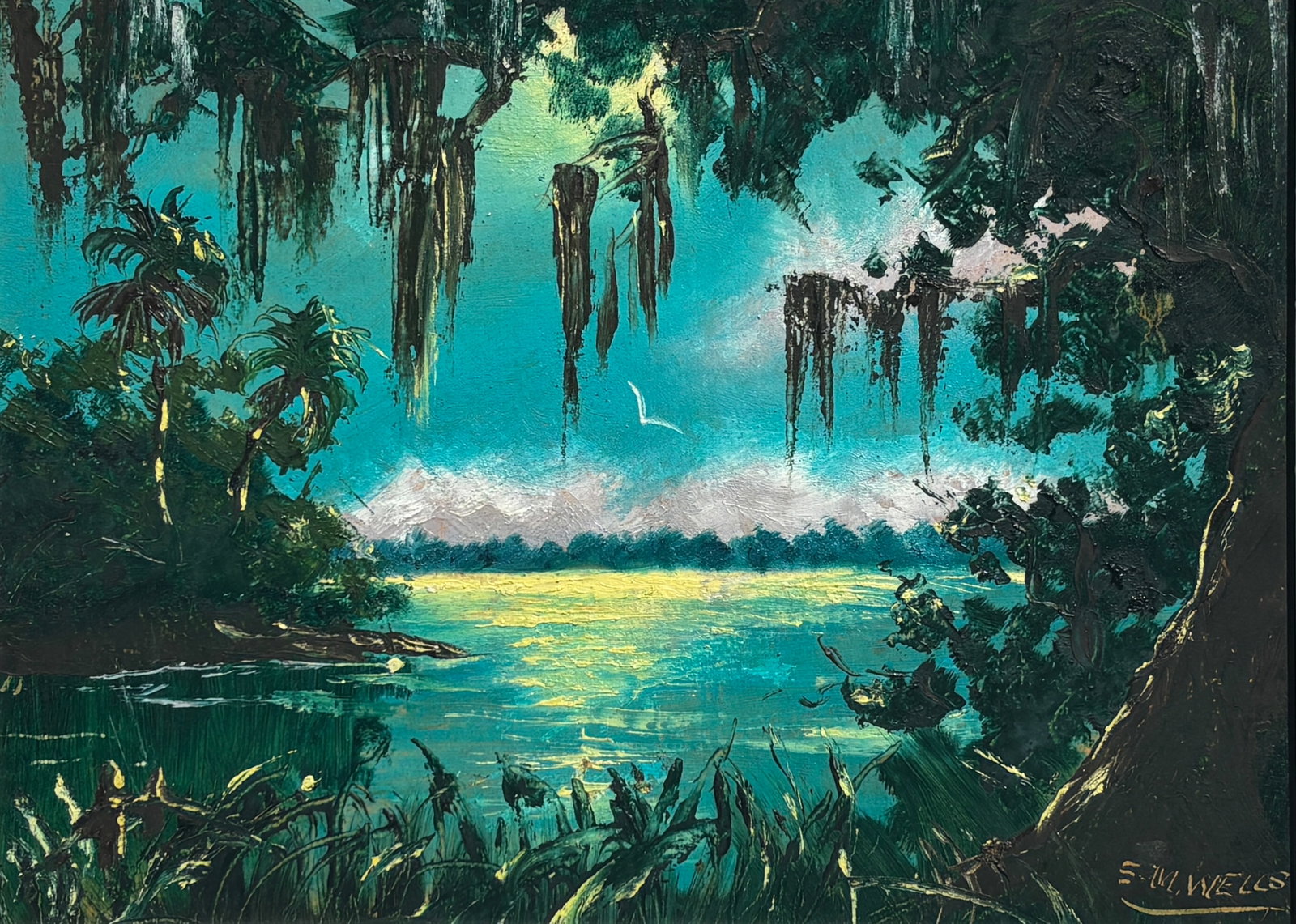 Sylvester Wells, Florida Highwaymen Painting, 12 x 16 — Nocturnal Luminescence: Sylvester Wells, Florida Highwaymen Painting, 12 x 16?Framed: 16 x 20?Upson Board?Nocturnal Luminescence A particularly strong and quietly memorable early Sylvester Wells nocturne, this desirable Upso
