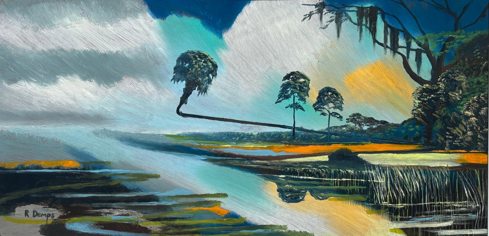 Rodney Demps, Florida Highwaymen Painting, 24 x 48 — More Demps Misbehavior, The Impossible Palm: Rodney Demps, Florida Highwaymen Painting, 24 x 48Framed: 29 x 53MasoniteMore Demps Misbehavior, The Impossible PalmA wonderfully strange and unmistakably Rodney Demps landscape, this panoramic masoni