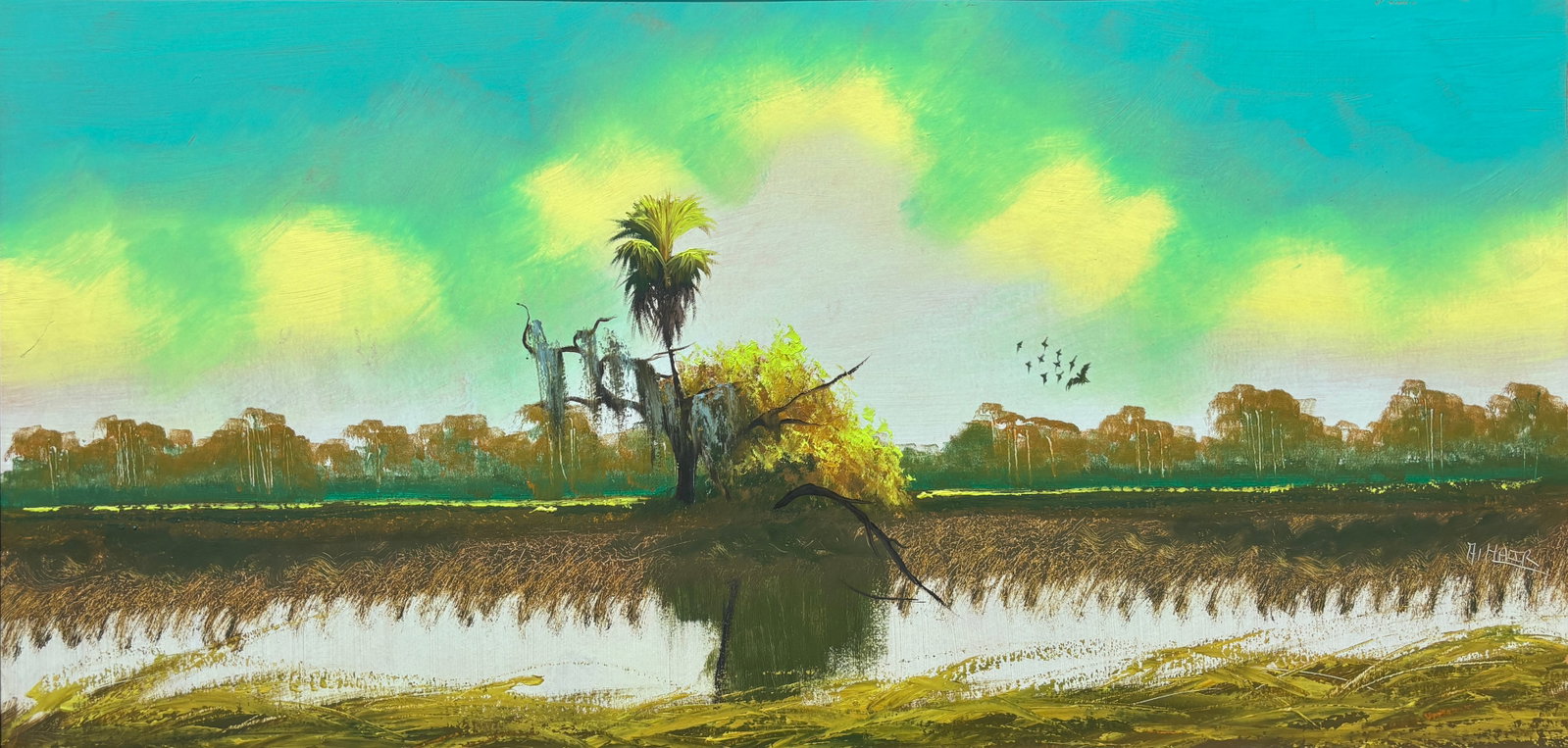 Alfred Hair, Florida Highwaymen Painting, 24 x 48 — Marshlight: Alfred Hair, Florida Highwaymen Painting, 24 x 48?Framed: 27 x 51?Linen Upson Board?Marshlight A major panoramic Alfred Hair marsh scene on desirable linen Upson board, this large-scale composition
