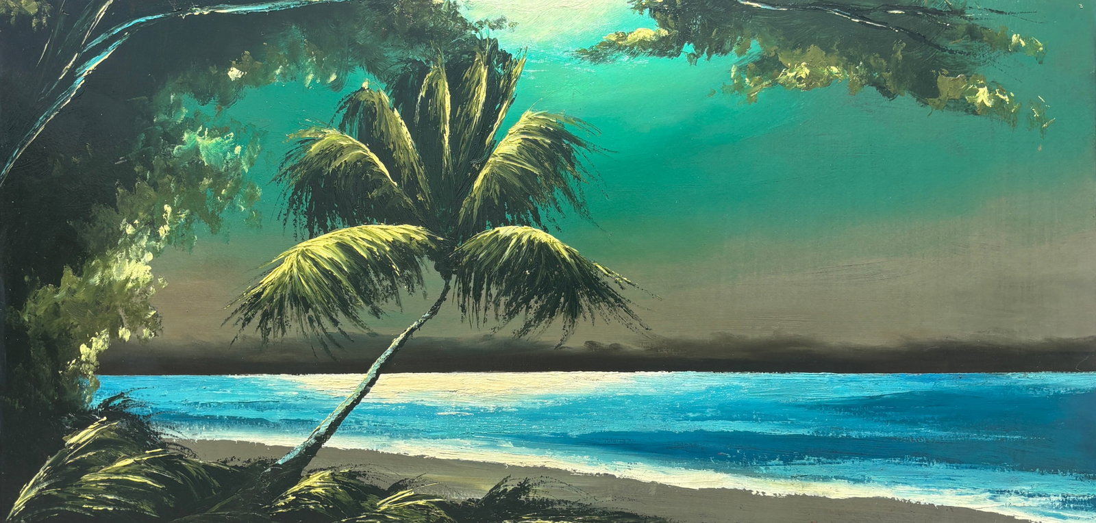 James Gibson, Signed Verso Highwaymen Painting, 24 x 48 — Tropical Nocturne for the Moonlit Devout: James Gibson, Florida Highwaymen Painting, 24 x 48?Framed: 28 x 52?Upson Board?Tropical Nocturne for the Moonlit Devout An exceptional early James Gibson nocturne on desirable Upson board, this