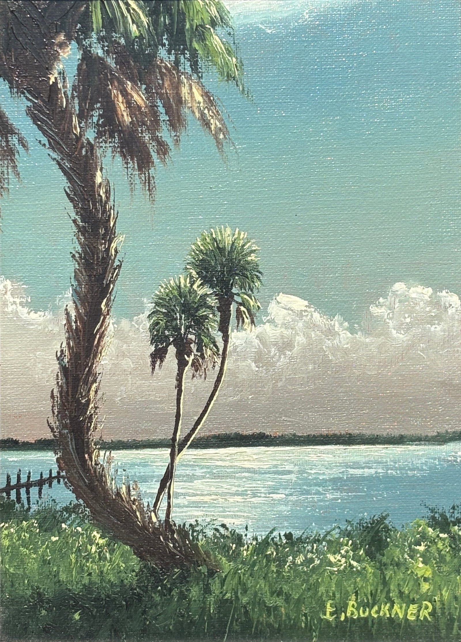 Ellis Buckner, Florida Highwaymen Painting, 12 x 10 — Sharp Palms Over Quiet Water: Ellis Buckner, Florida Highwaymen Painting, 12 x 10?Framed: 16 x 14?Upson Board?Sharp Palms Over Quiet Water A highly attractive small-format early Ellis Buckner river scene, this compact Upson board 