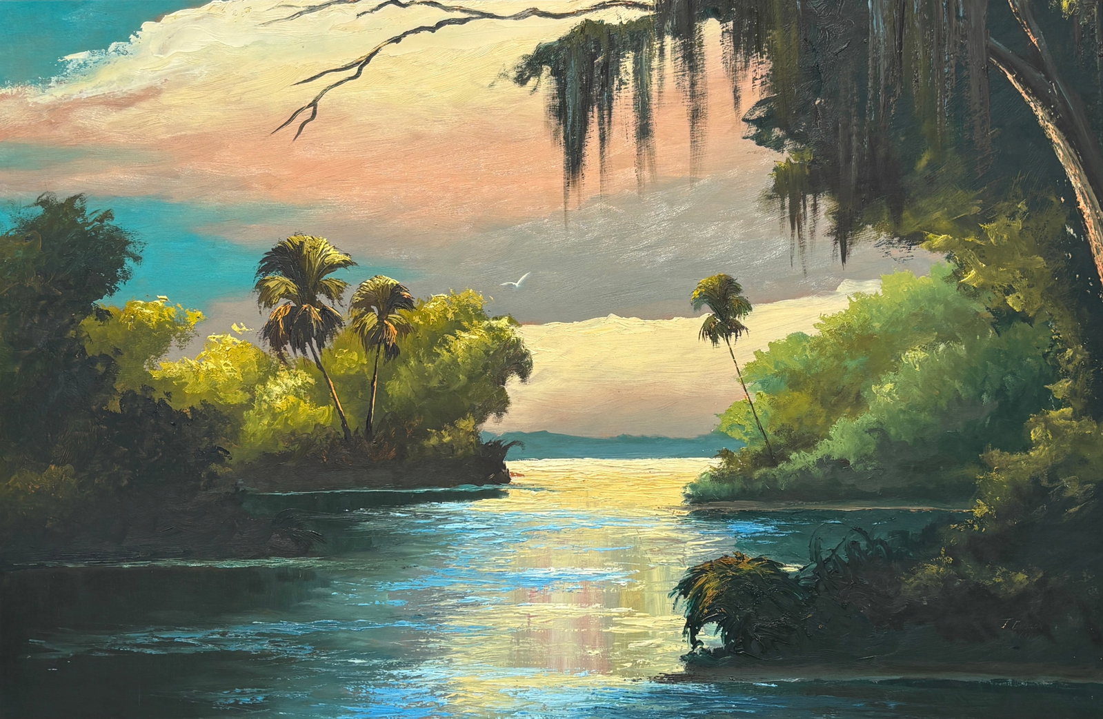 James Gibson, Florida Highwaymen Painting, 24 x 36 — Blue Light Through Water: James Gibson, Florida Highwaymen Painting, 24 x 36?Framed: 28 x 40?Linen Upson Board?Blue Light Through Water An exceptional early James Gibson river scene on desirable linen Upson board, this