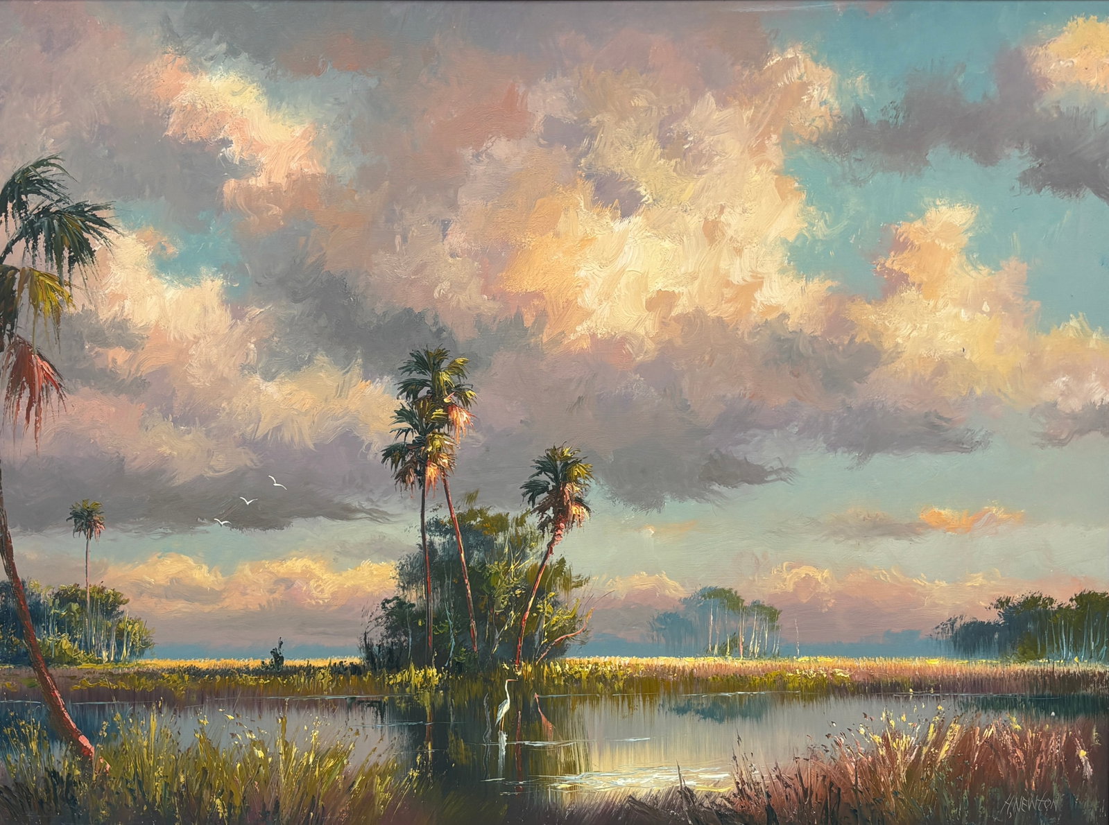 Harold Newton, Florida Highwaymen Painting, 30 x 40 — Cathedral of Sky: Harold Newton, Florida Highwaymen Painting, 30 x 40?Framed: 36 x 46?Masonite?Cathedral of Sky The leading Harold Newton painting in the auction, this monumental masonite masterpiece pushes fully into 