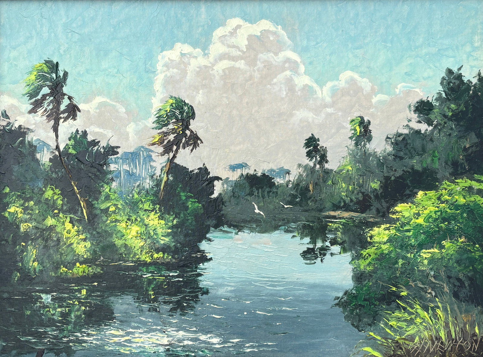 Harold Newton, Florida Highwaymen Painting, 18 x 24 — St. Lucie Sermon in Palette Knife: Harold Newton, Florida Highwaymen Painting, 18 x 24?Framed: 22 x 28?Canvas Board?St. Lucie Sermon in Palette Knife One of the leading early Harold Newton paintings in the auction, this exceptional 195