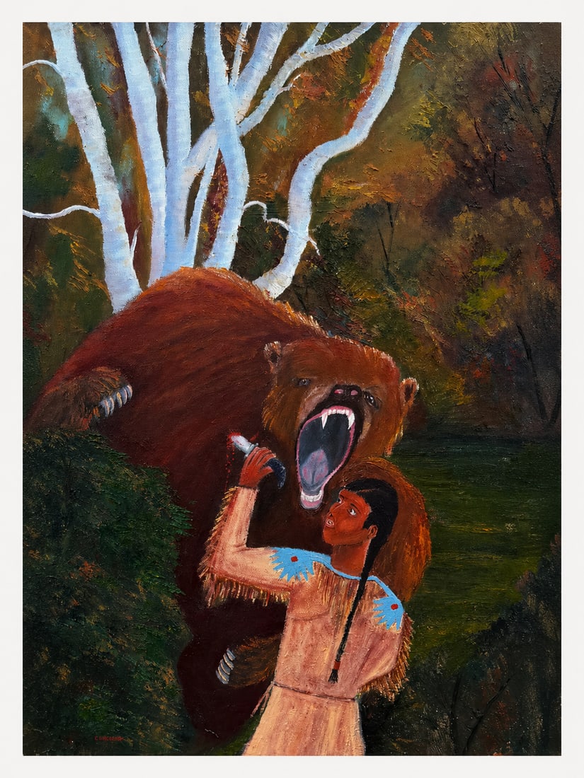Chico Wheeler, Florida Highwaymen Painting, 36 x 24 — Becoming Human Beneath the Bear Spirit: "Chico Wheeler, Florida Highwaymen Painting, 36 x 24?Framed: 42 x 30?Masonite?Becoming Human Beneath the Bear Spirit One of the more psychologically charged and symbolically unusual Chico Wheeler pain