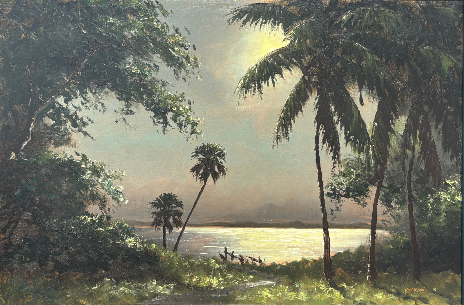 Harold Newton, Florida Highwaymen Painting, 24 x 36 — Path to the Old Dock Under Night: Harold Newton, Florida Highwaymen Painting, 24 x 36?Framed: 28 x 40?Upson Board?Path to the Old Dock Under Night A deeply atmospheric Harold Newton nocturne on desirable Upson board, this striking moo