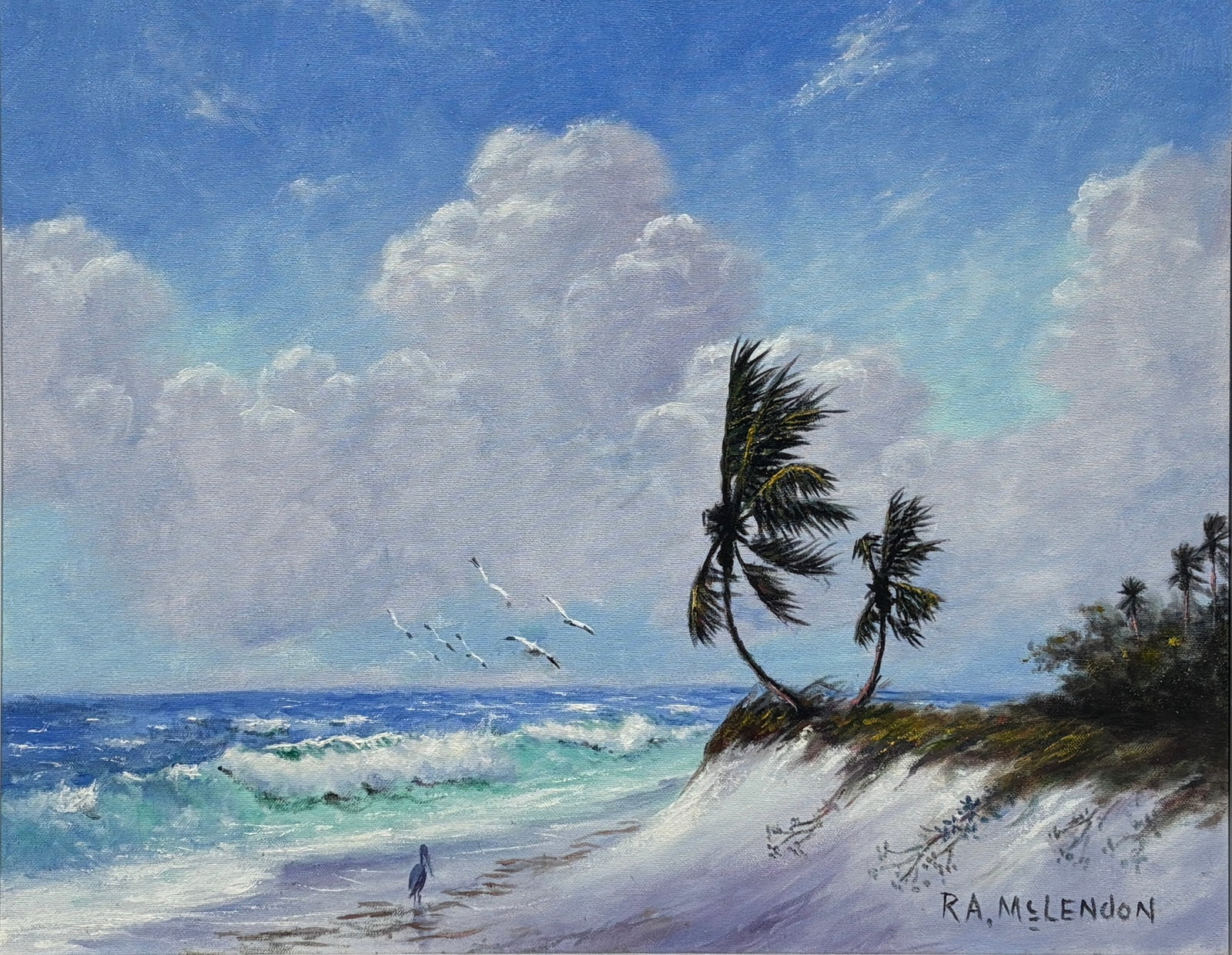 Roy McLendon, Florida Highwaymen Painting, 16 x 20 — Pelican Worthy Rio Mar: Roy McLendon, Florida Highwaymen Painting, 16 x 20?Framed: 21 x 25?Canvas?Pelican Worthy Rio Mar An exceptionally sweet and highly refined Roy McLendon Rio Mar scene, this medium-format coastal