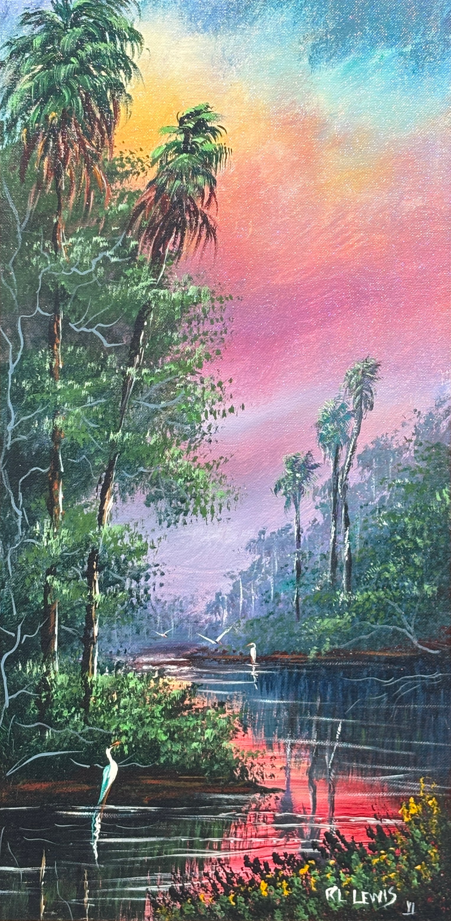 R.L. Lewis, Florida Highwaymen Painting, 24 x 12 — Tall Palms Against the Candy Sky (1 of 5)