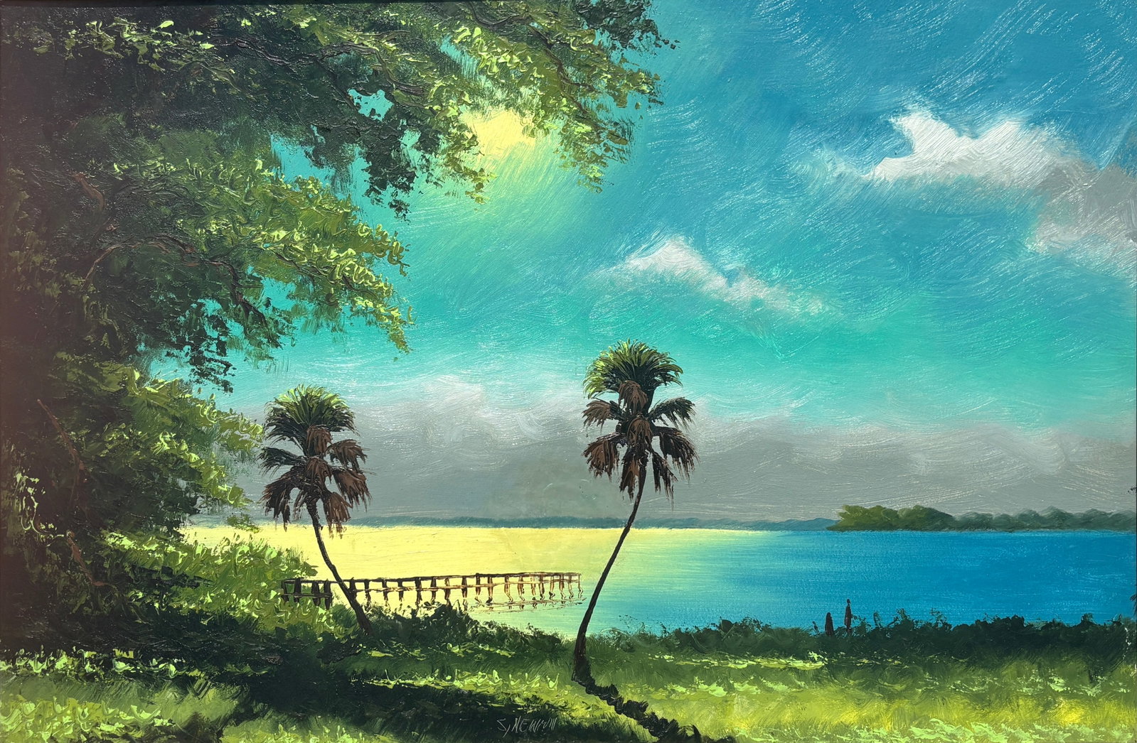 Sam Newton, Florida Highwaymen Painting, 24 x 36 — Two for the Glow: Sam Newton, Florida Highwaymen Painting, 24 x 36?Framed: 26 x 38?Masonite?Two for the Glow A highly atmospheric earlier Sam Newton nocturne, likely dating to the 1980s, this luminous river scene demon