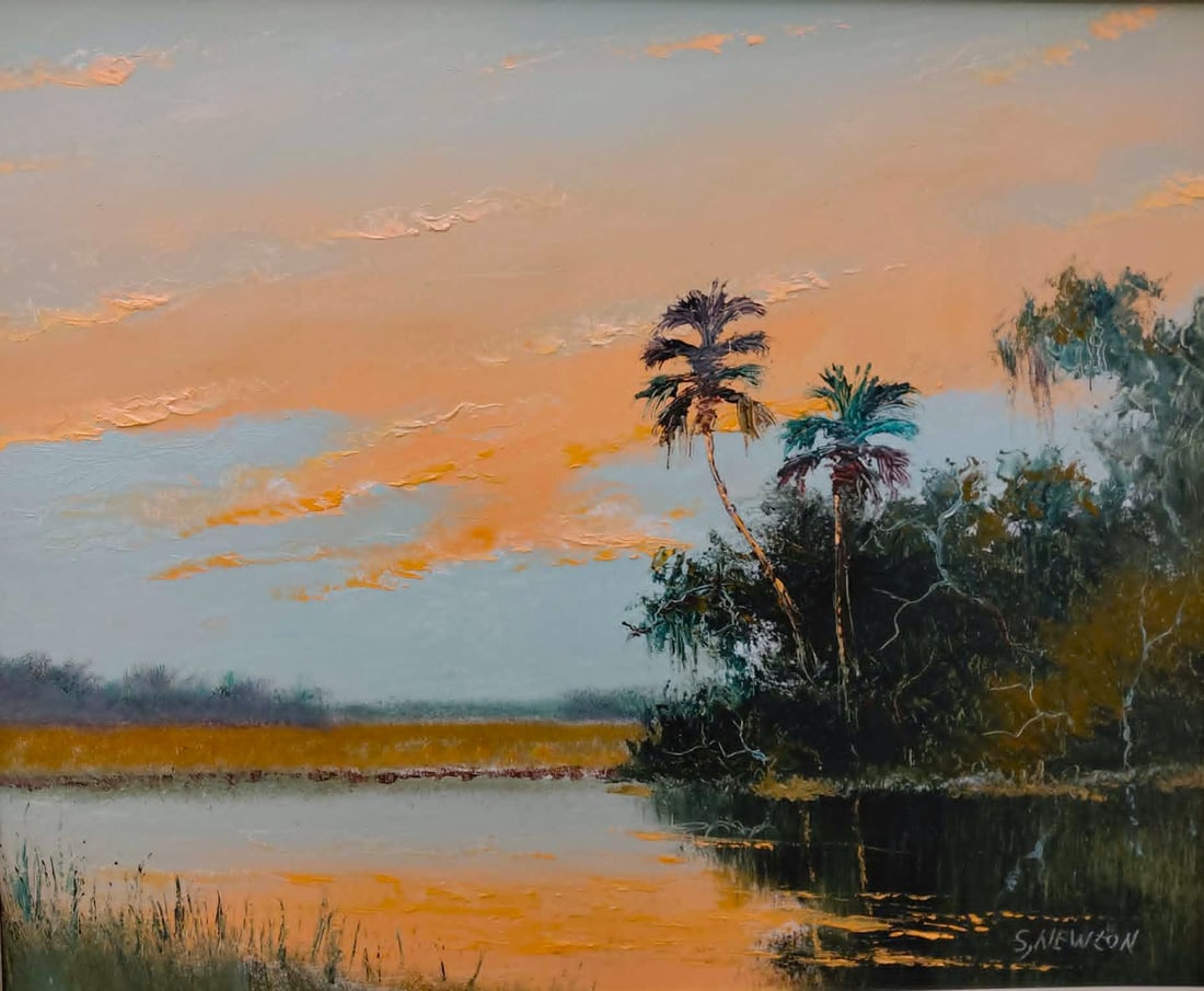 Sam Newton Highwaymen Painting 'Firesky': Newton, Samuel (B.1948) Florida Highwaymen. Oil painting on Masonite 20" x 24" 'Firesky'. 23 1/2" x 27 1/2" with the frame. Signed lower right. Excellent condition.