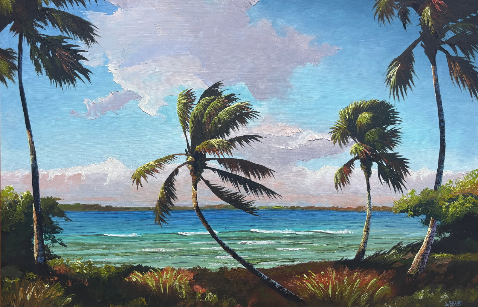Livingston Roberts, Florida Highwaymen Painting, 24 x 36 — Green Tide: Livingston Roberts, Florida Highwaymen Painting, 24 x 36?Framed: 28 x 40?Masonite?Green Tide An exceptional and unusually sharp Livingston Roberts Indian River scene on rare masonite, this highly refi