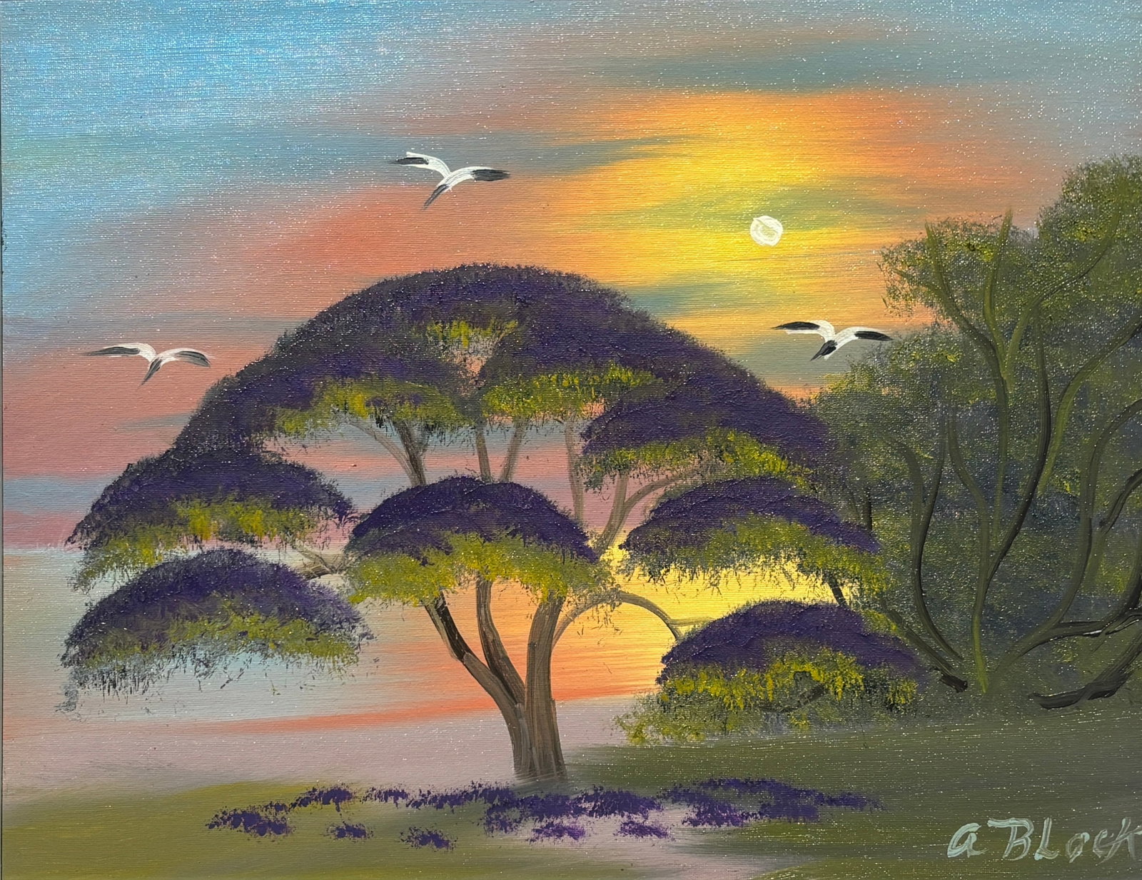 Al Black, Florida Highwaymen Painting, 16 x 20 — Three Birds Above the Violet Situation (1 of 5)