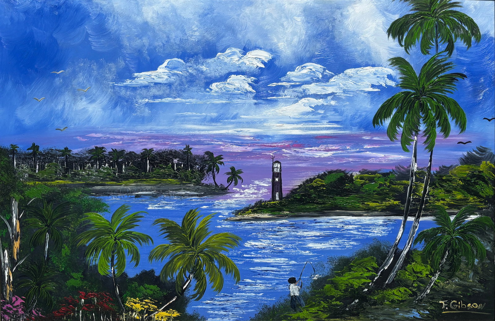 Freddie Gibson, Florida Highwaymen Legacy Painting, 24 x 36 — Water Forking Around the Light: Freddie Gibson, Florida Highwaymen Legacy Painting, 24 x 36 — Water Forking Around the Light Freddie Gibson, Florida Highwaymen Legacy Painting, 24 x 36?Framed: 28 x 40?Masonite?Water Forking Around