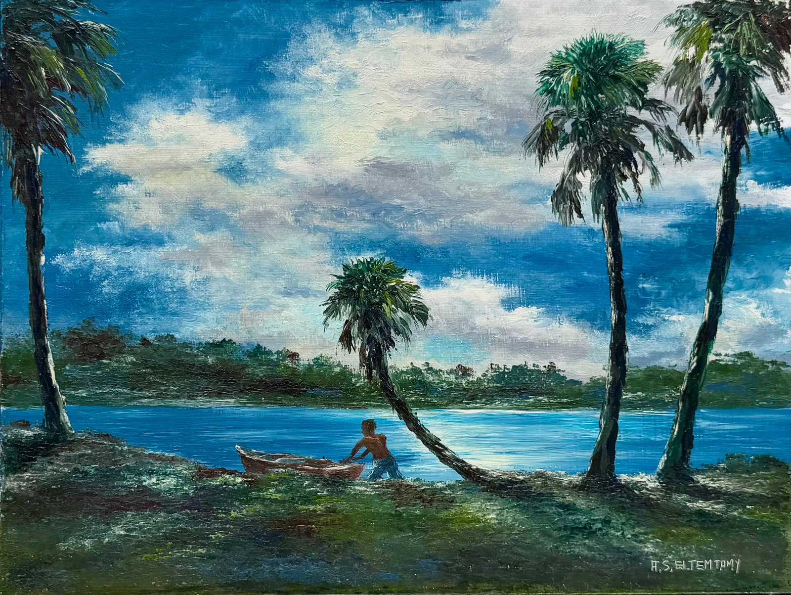 Ahmed Eltemtamy, Florida Landscape Painting, 12 x 16 — End of Day Along the Shadow Bank: "Ahmed Eltemtamy, Florida Landscape Painting, 12 x 16?Framed: 16 x 20?Masonite?End of Day Along the Shadow Bank A highly atmospheric early Ahmed Eltemtamy river scene combining deep blue evening atmos